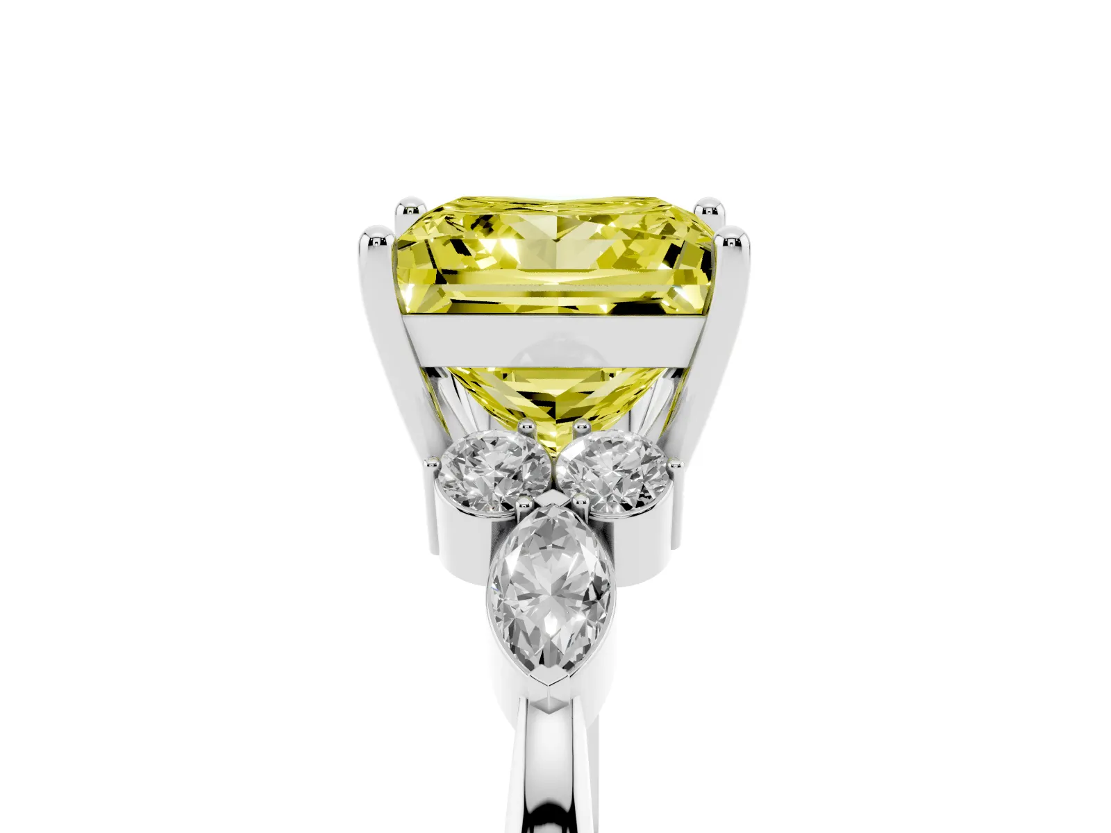 Fancy Yellow Princess Cut Brilliant Diamond Solitaire Ring with Pear Side Stones and Four-Prong Setting Platinum