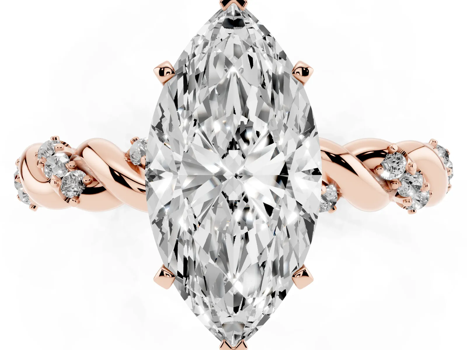 Marquise Cut Diamond Solitaire Ring with Twisted Band and Pavé Accents Rose gold