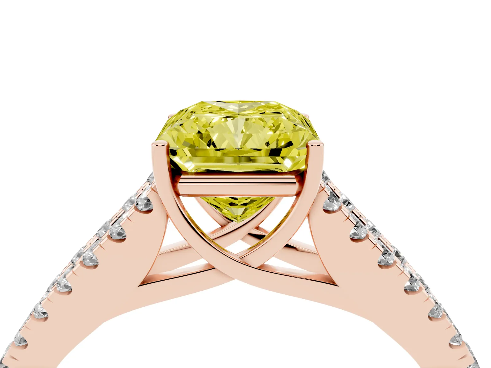 Fancy Yellow Radiant Cut Diamond Split Shank Engagement Ring with Round Pavé and Prong Setting Rose gold