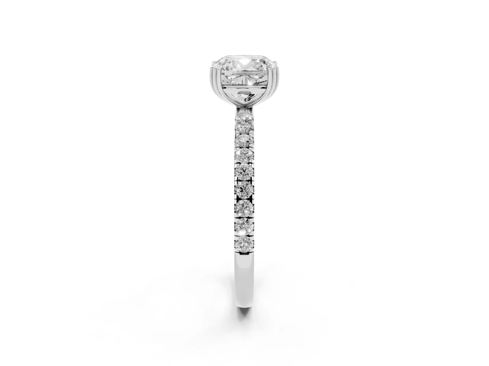 Cushion Cut Brilliant Solitaire with Pavé Band and Claw Prong Setting Silver