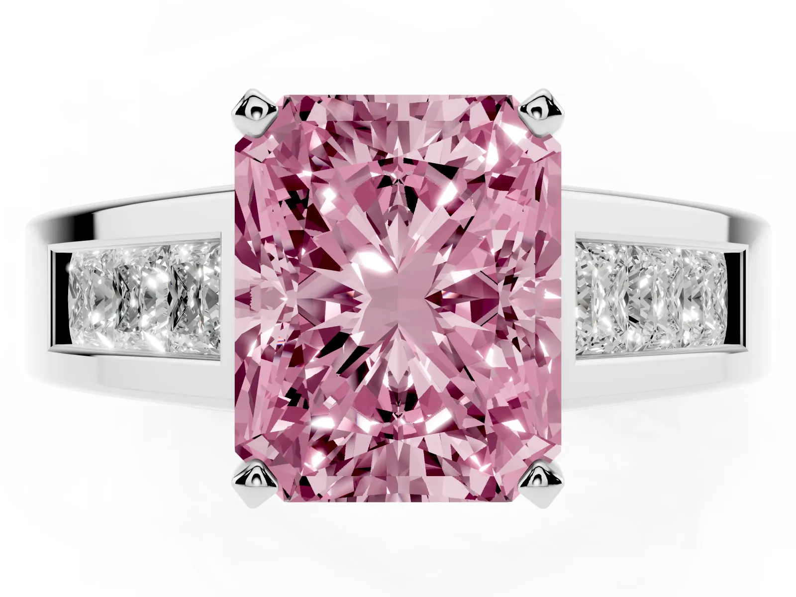 Fancy Pink Radiant Cut Cut Channel Set Solitaire Ring with Four-Prong Setting Platinum