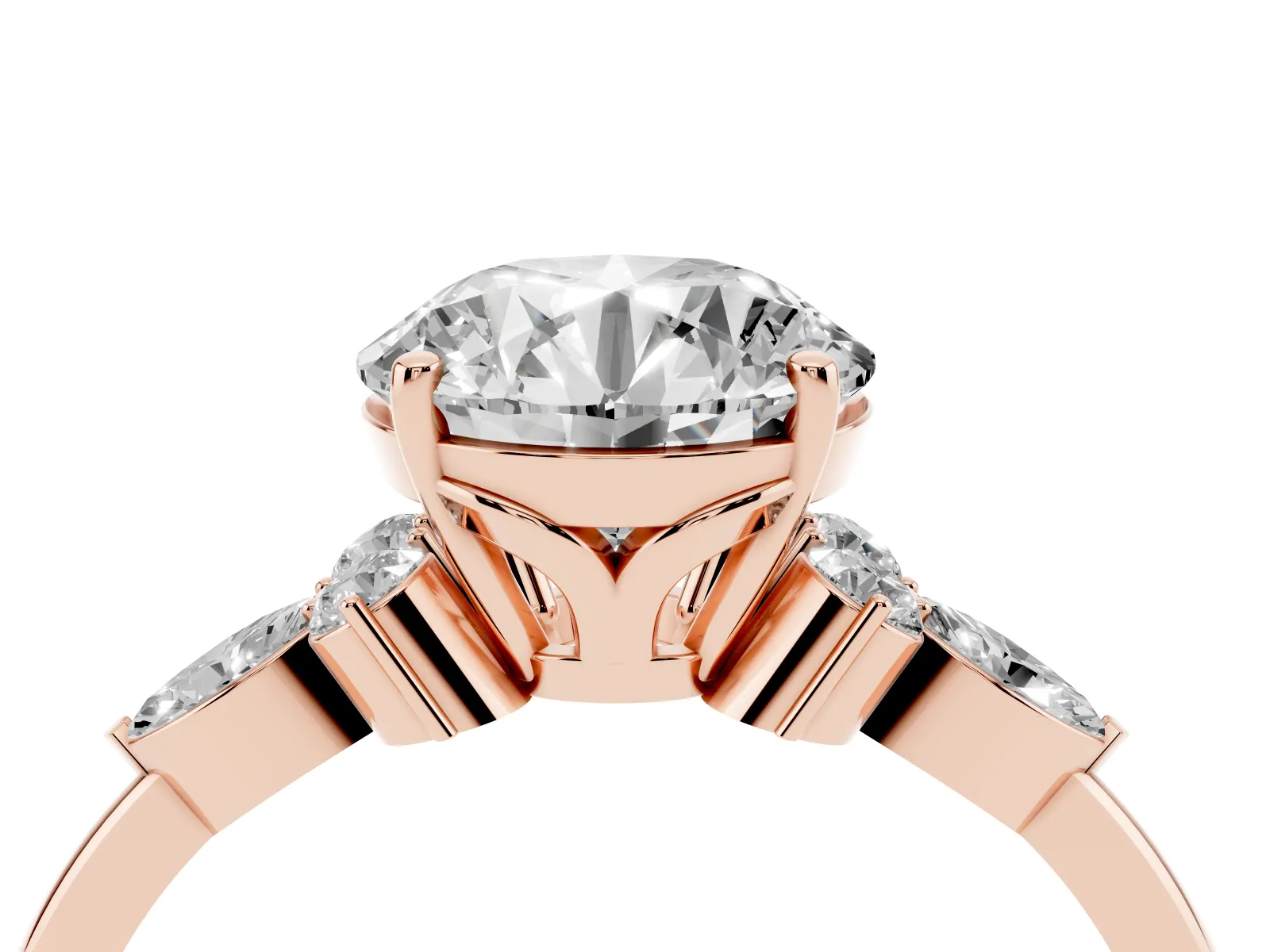 Round Cut Brilliant Diamond Solitaire Ring with Pear Side Stones and Four-Prong Setting Rose gold