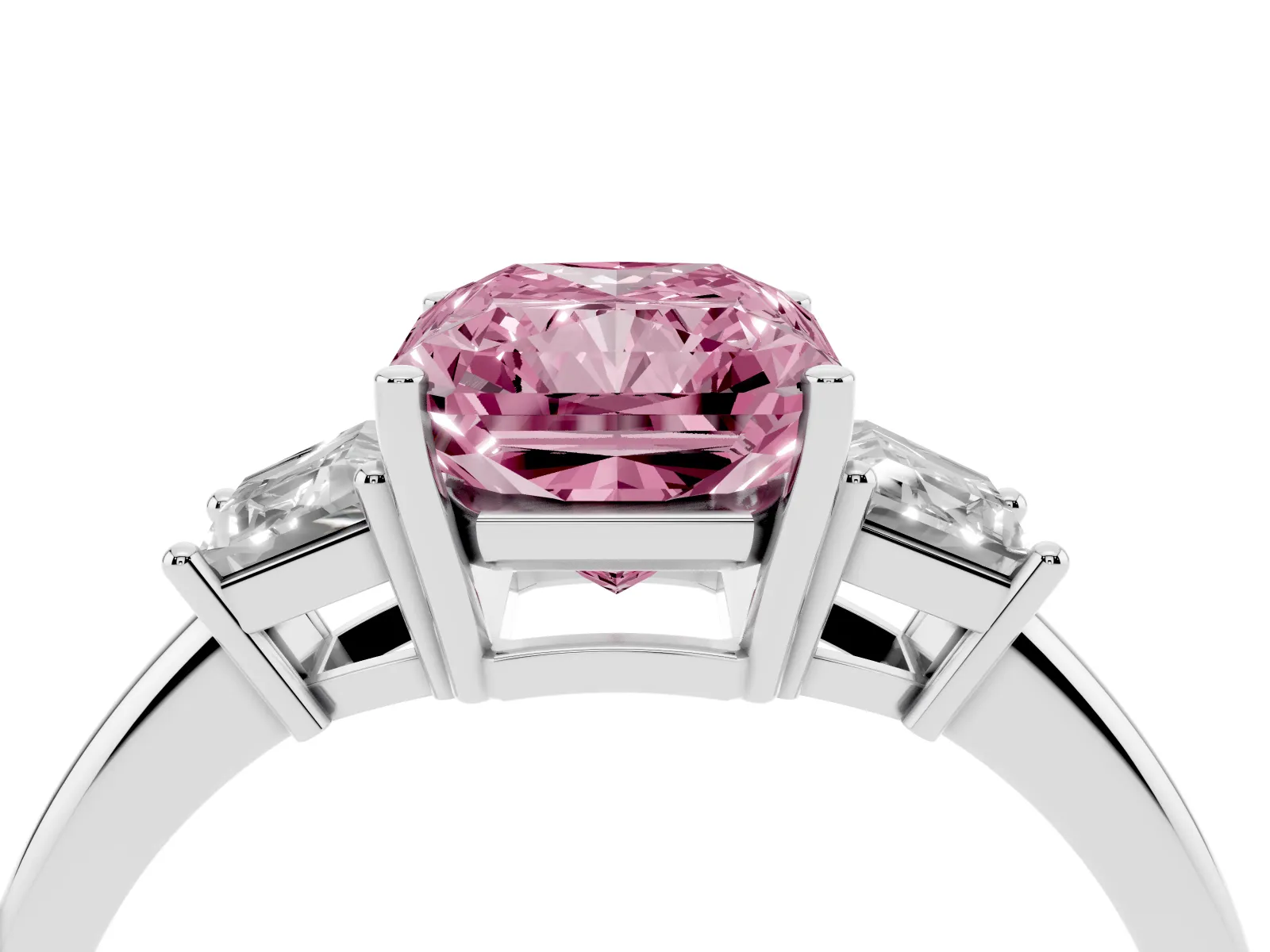Fancy Pink Radiant Cut Diamond Three-Stone Ring with Trapezoid Side Stones and Prong Setting Platinum
