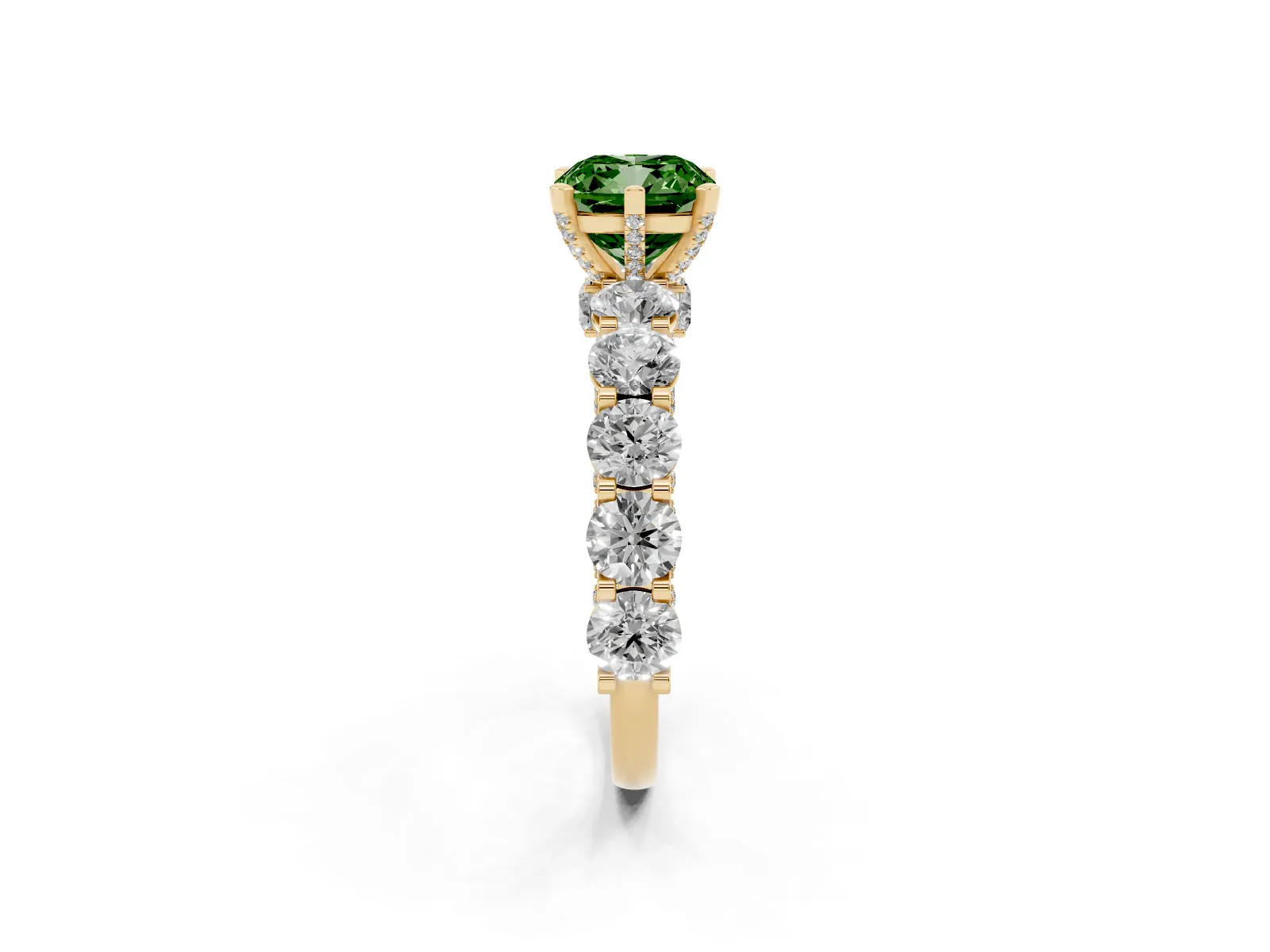Fancy Green Cushion Cut Diamond Side Stone Engagement Ring with Four-Prong Setting Yellow gold