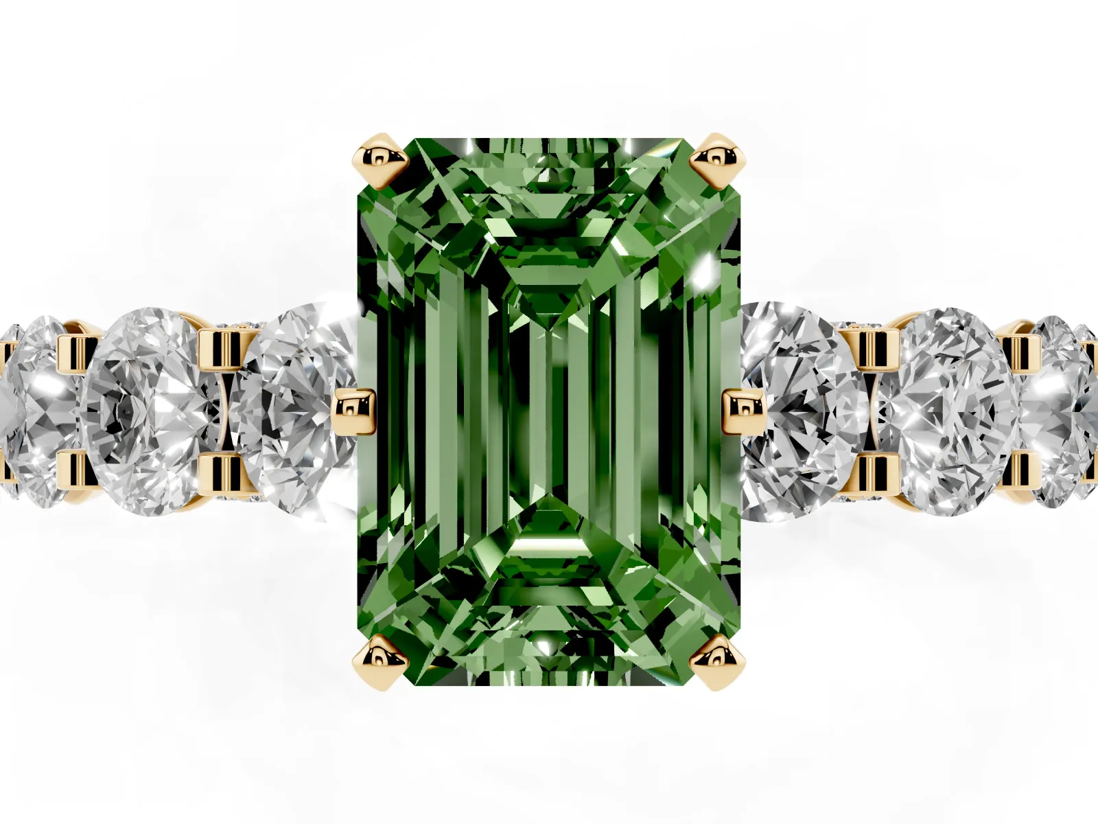 Fancy Green Emerald Cut Diamond Side Stone Engagement Ring with Four-Prong Setting Yellow gold