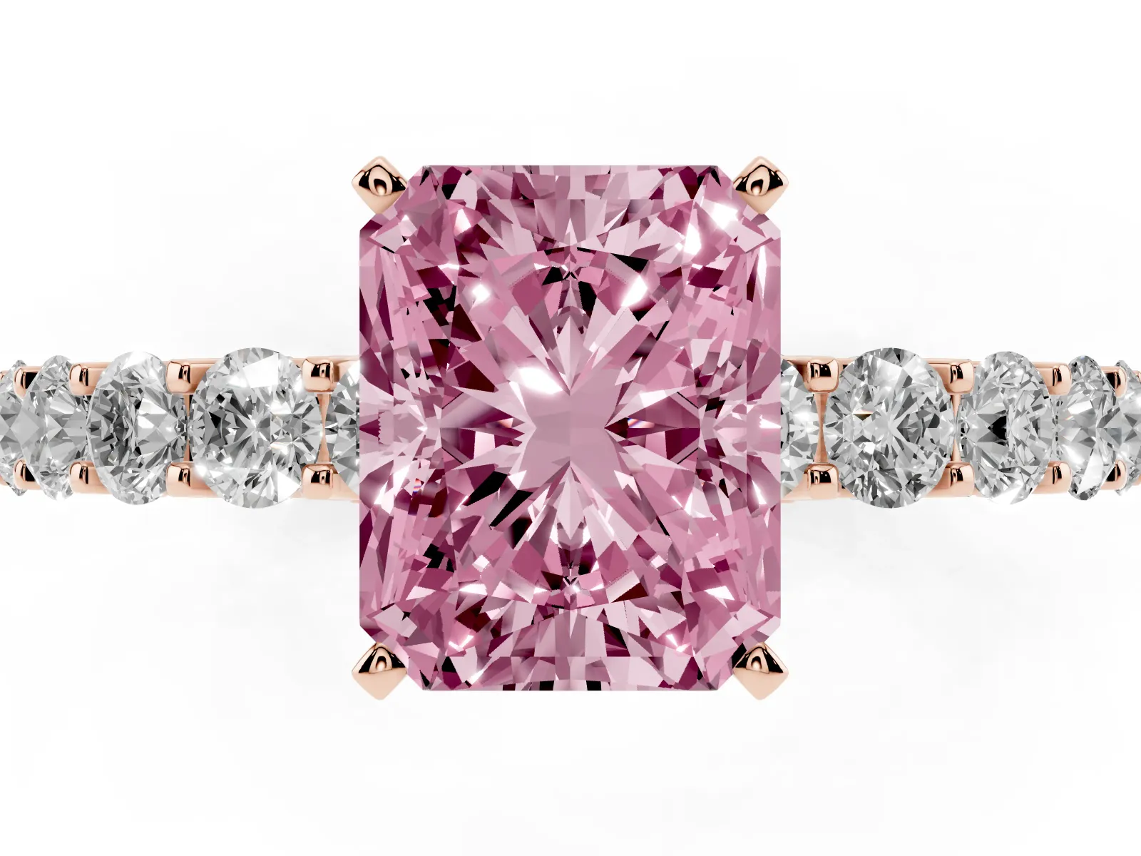 Fancy Pink Radiant Cut Diamond Solitaire Ring with Shared Prong Pavé Band and Four-Prong Setting Rose gold