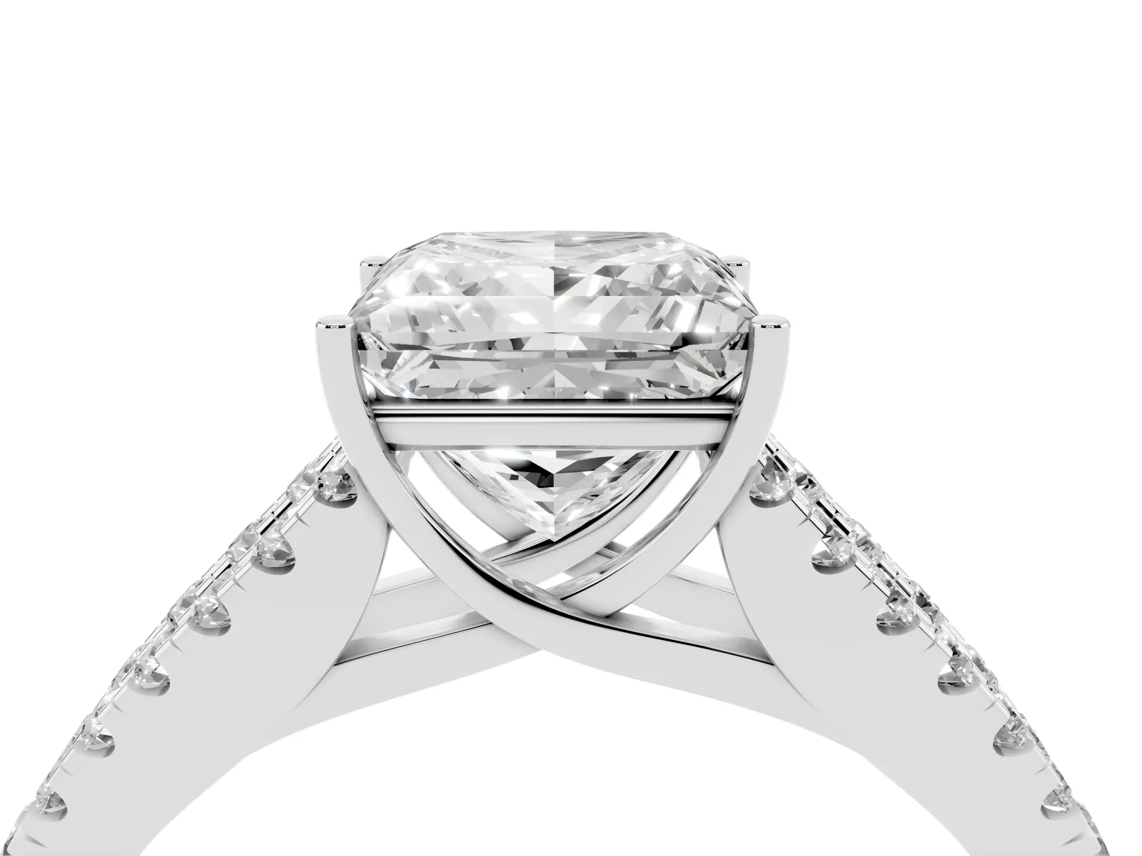 Princess Cut Diamond Split Shank Engagement Ring with Round Pavé and Prong Setting White gold