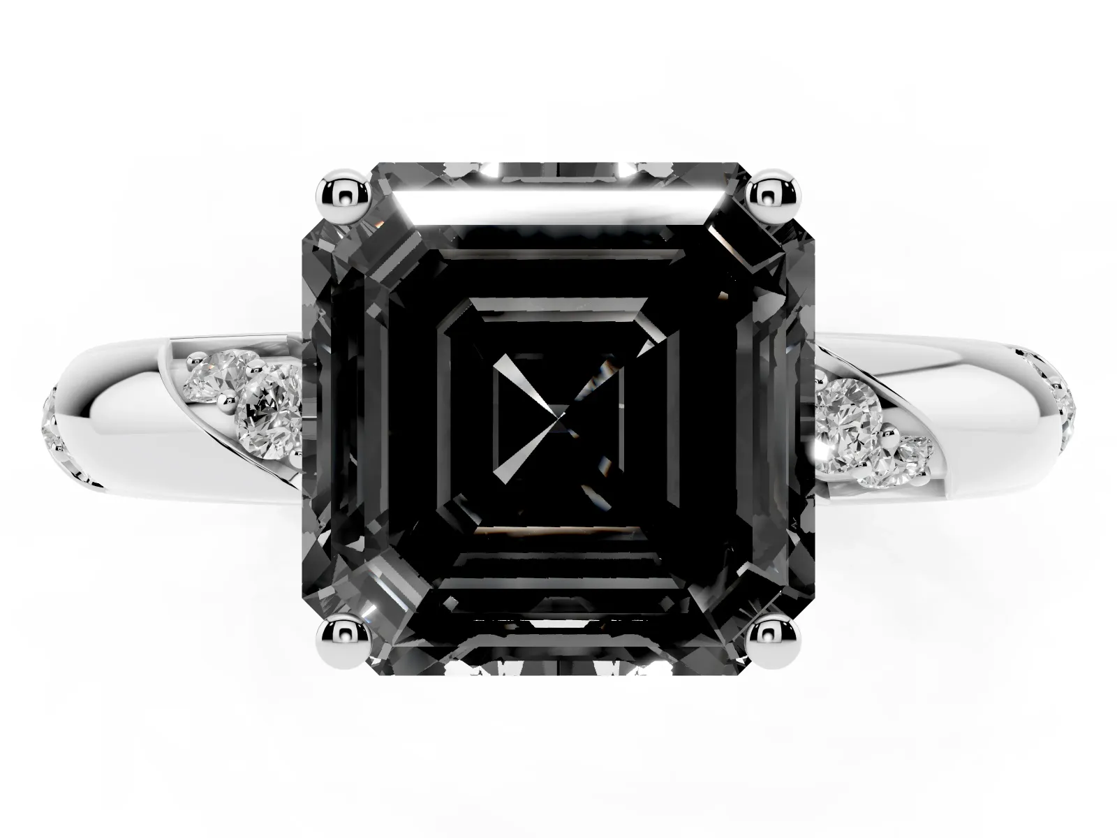 Fancy Black Asscher Cut Diamond Solitaire Engagement Ring with Twisted Round Accent Band and Prong Setting Platinum