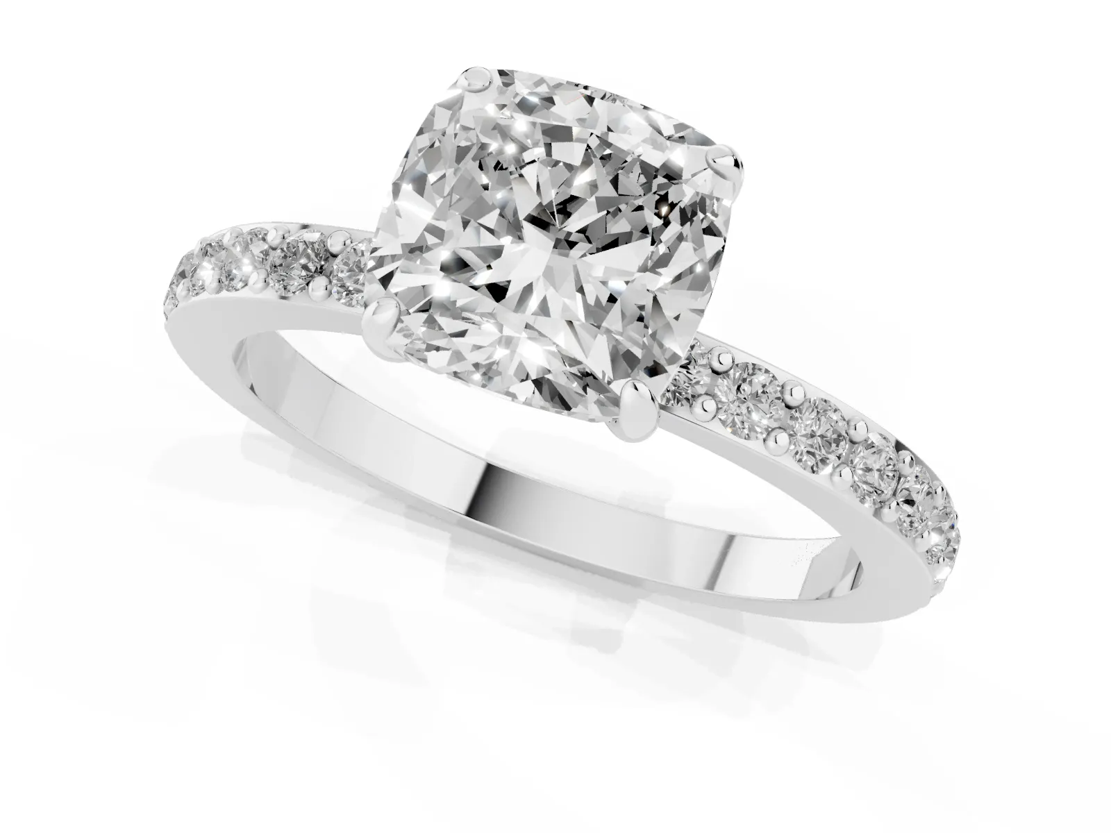 Cushion Cut Diamond Solitaire Engagement Ring with Pavé Band and Four-Prong Setting White gold