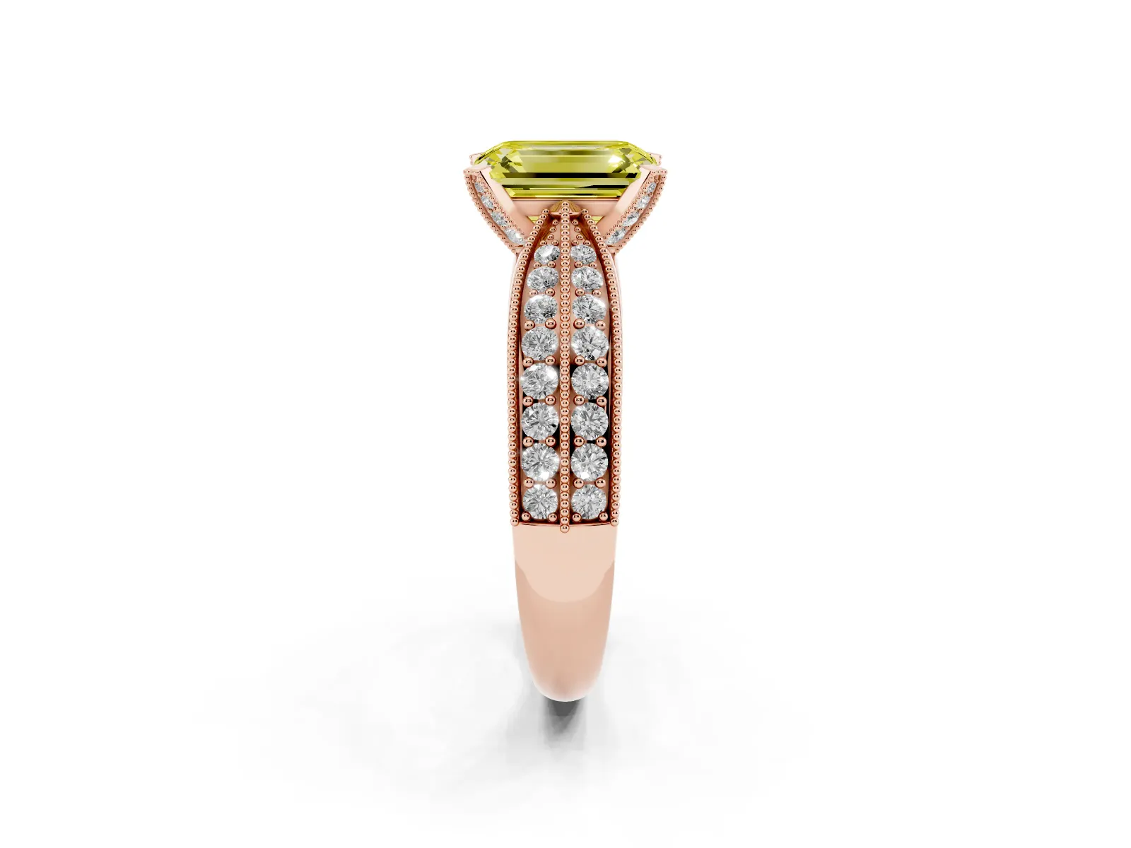Fancy Yellow Emerald Cut Diamond Solitaire Ring with Milgrain Round Pavé Band and Prong Setting Rose gold