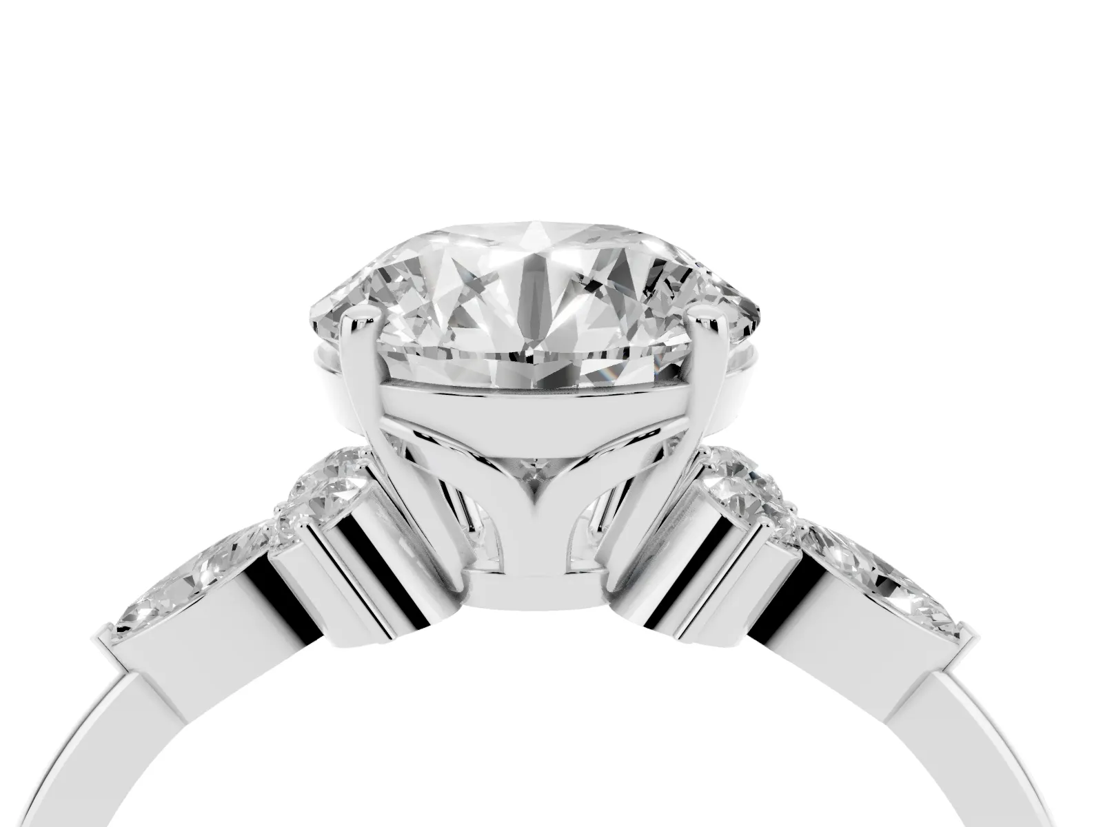 Round Cut Brilliant Diamond Solitaire Ring with Pear Side Stones and Four-Prong Setting Platinum