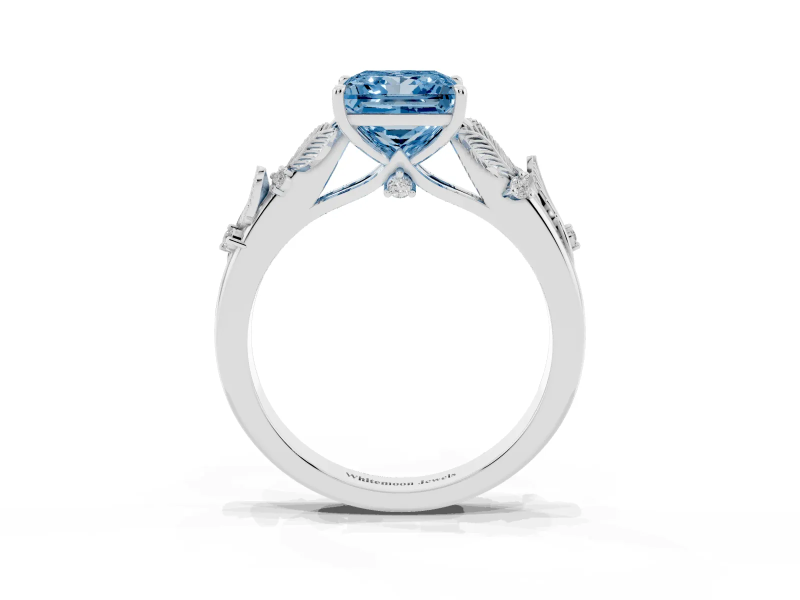 Fancy Blue Princess Cut Diamond Solitaire Ring with Leaf Motif Band and Four-Prong Setting Platinum
