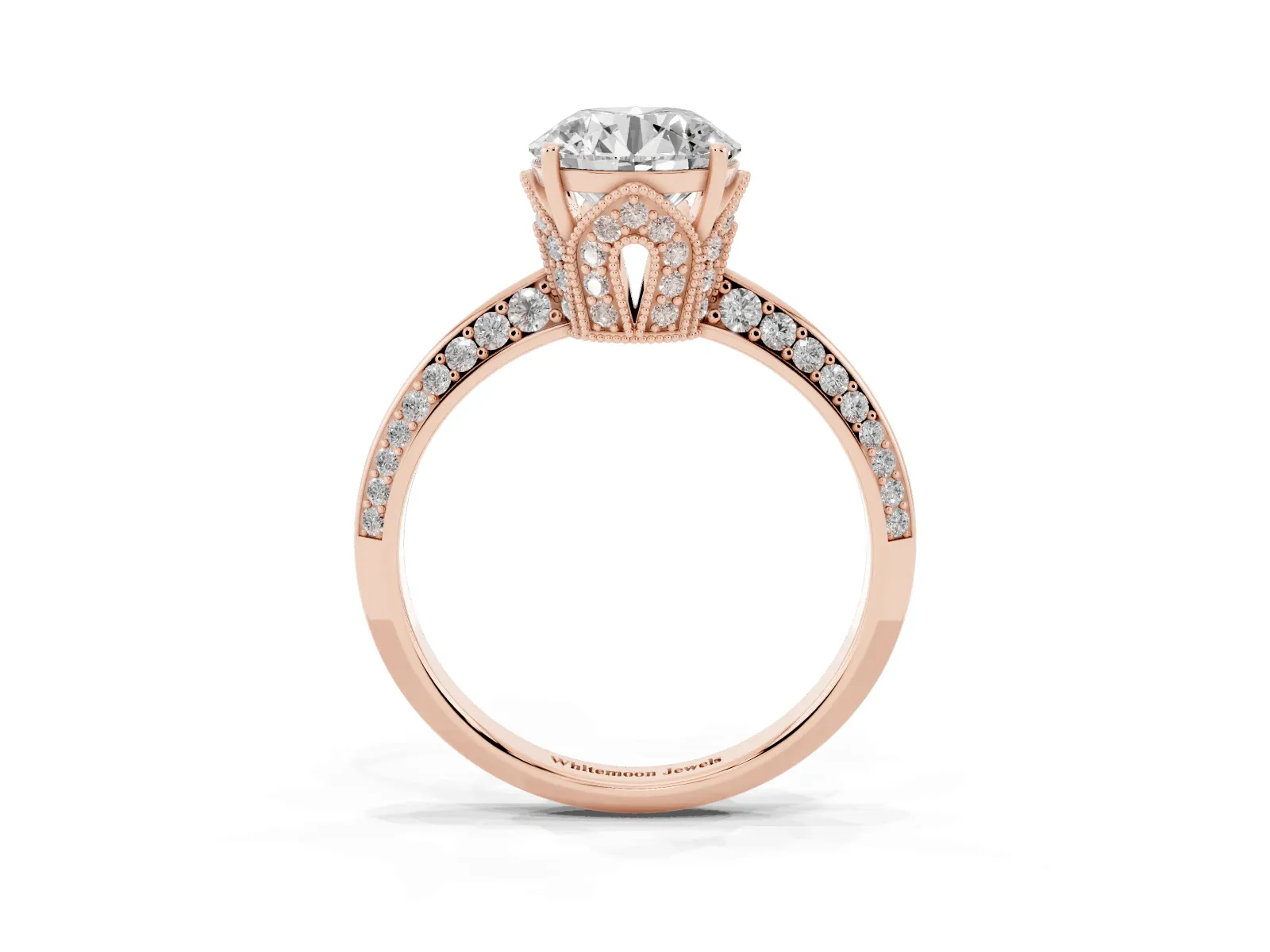 Round Cut Solitaire Split Shank Pave Diamond Engagement Ring with Four-Prong Setting Rose gold