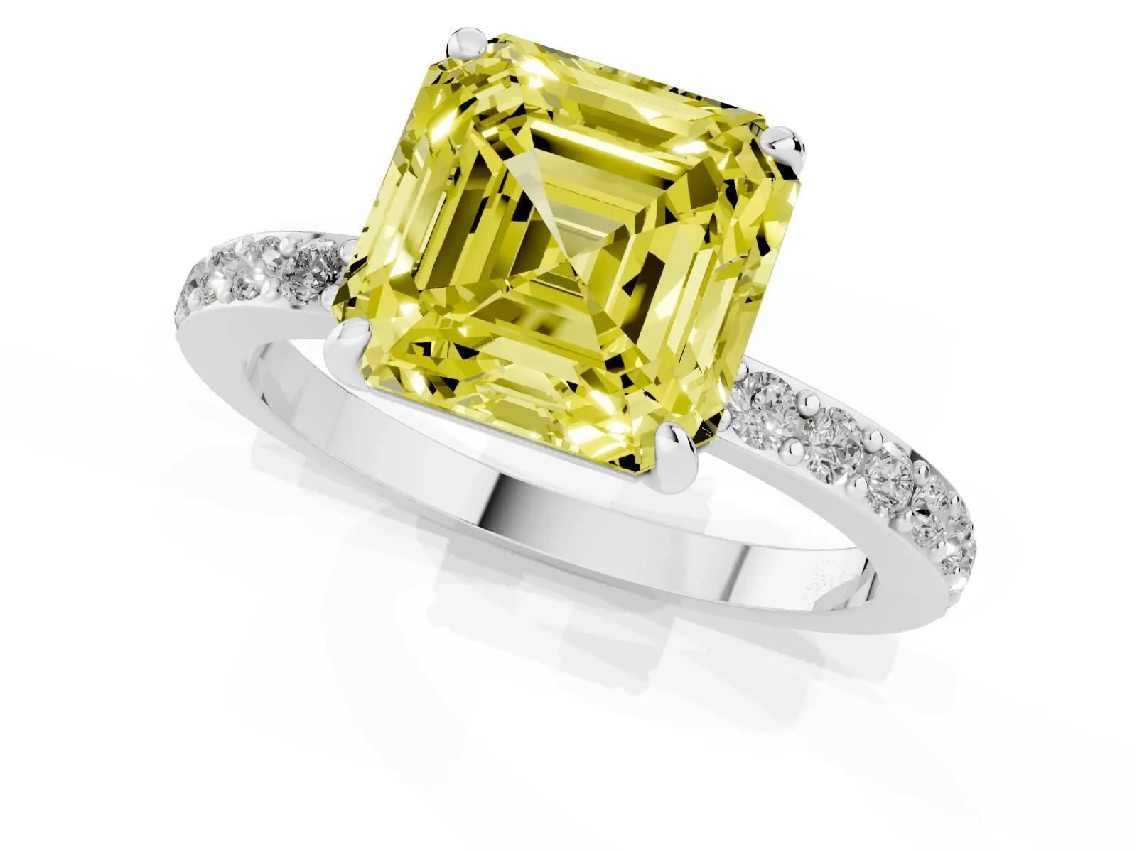 Fancy Yellow Asscher Cut Diamond Solitaire Engagement Ring with Pavé Band and Four-Prong Setting White gold