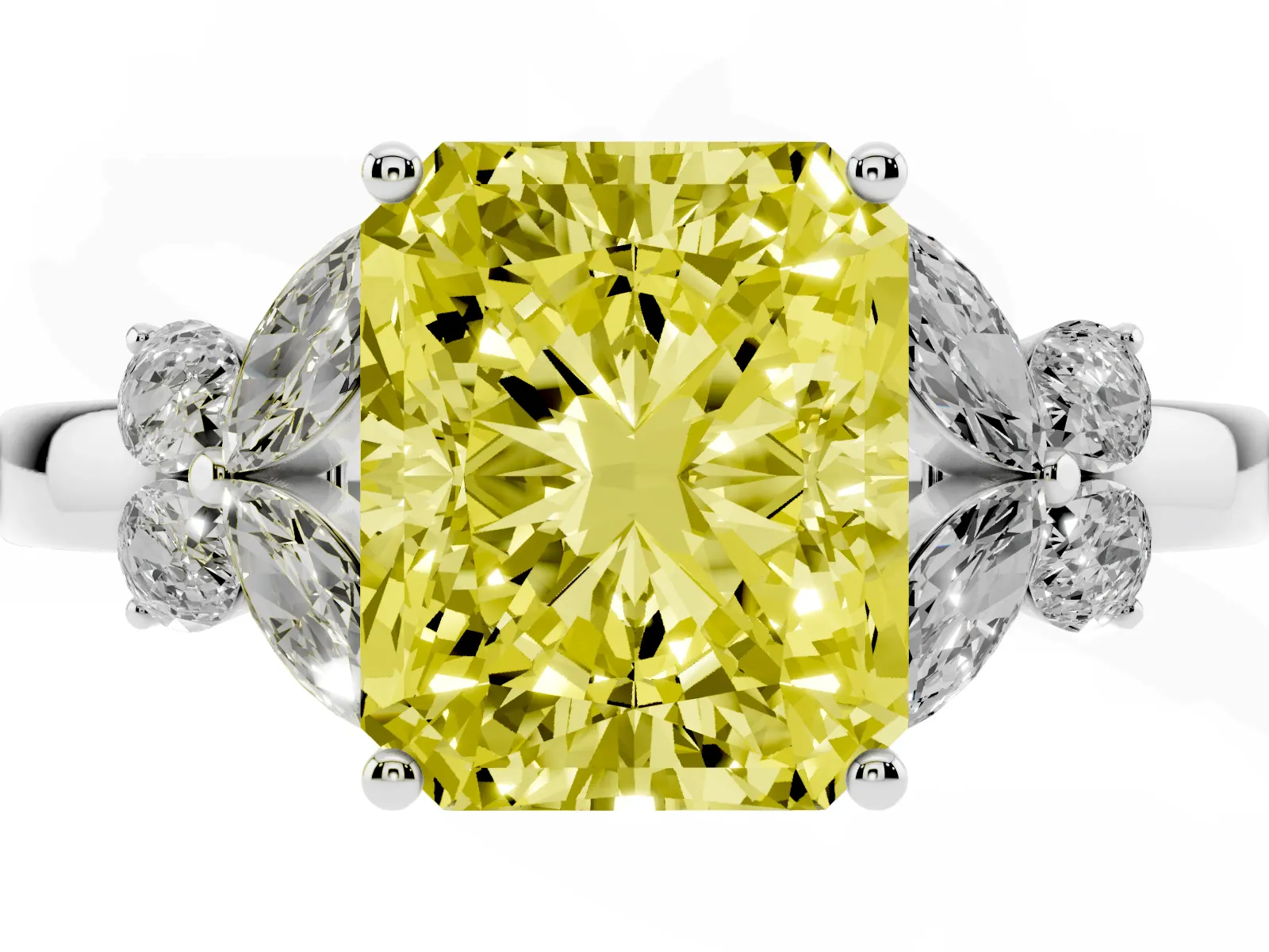Fancy Yellow Radiant Cut Cut Solitaire Floral Diamond Ring with Four-Prong Setting Platinum