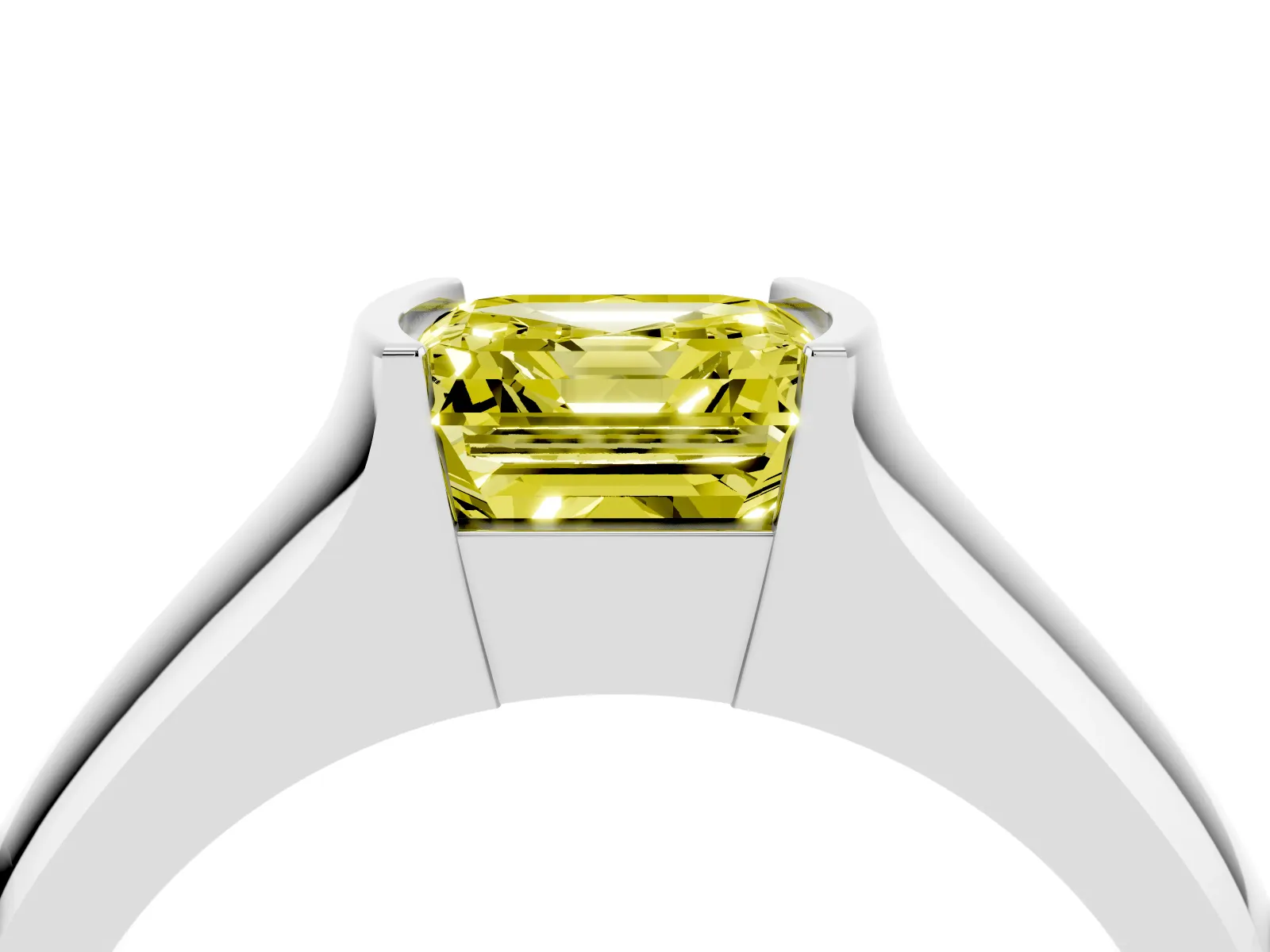 Fancy Yellow Asscher Cut Solitaire Bezel Set Diamond Ring with Wide Band Platinum