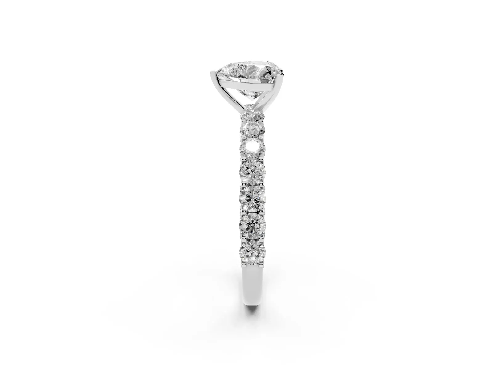 Heart Cut Diamond Solitaire Ring with Shared Prong Pavé Band and Four-Prong Setting White gold