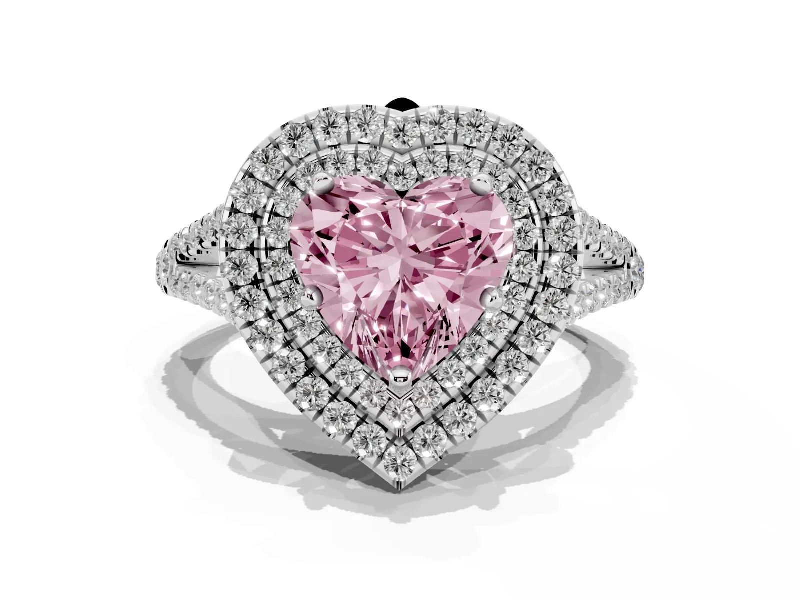 Fancy Pink Heart Cut Diamond Double Halo Ring with Pavé Band and Prong Setting Platinum