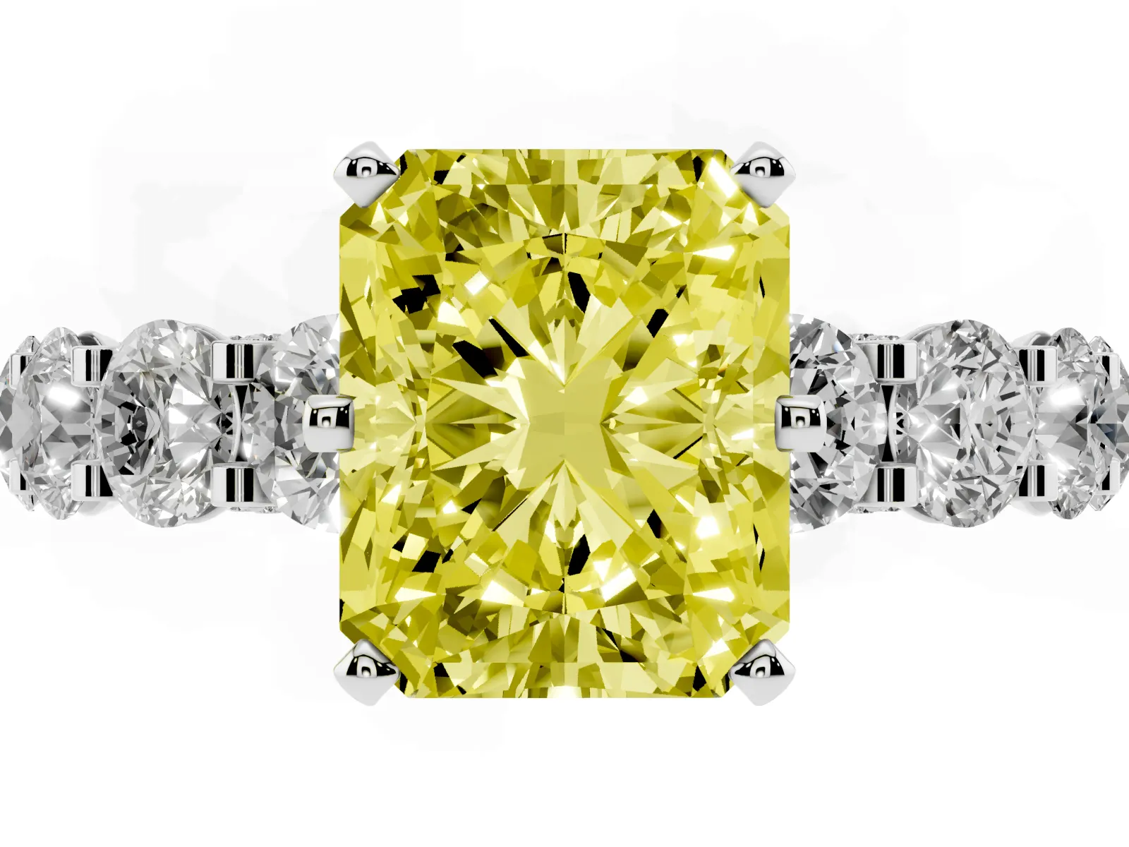 Fancy Yellow Radiant Cut Diamond Side Stone Engagement Ring with Four-Prong Setting Platinum