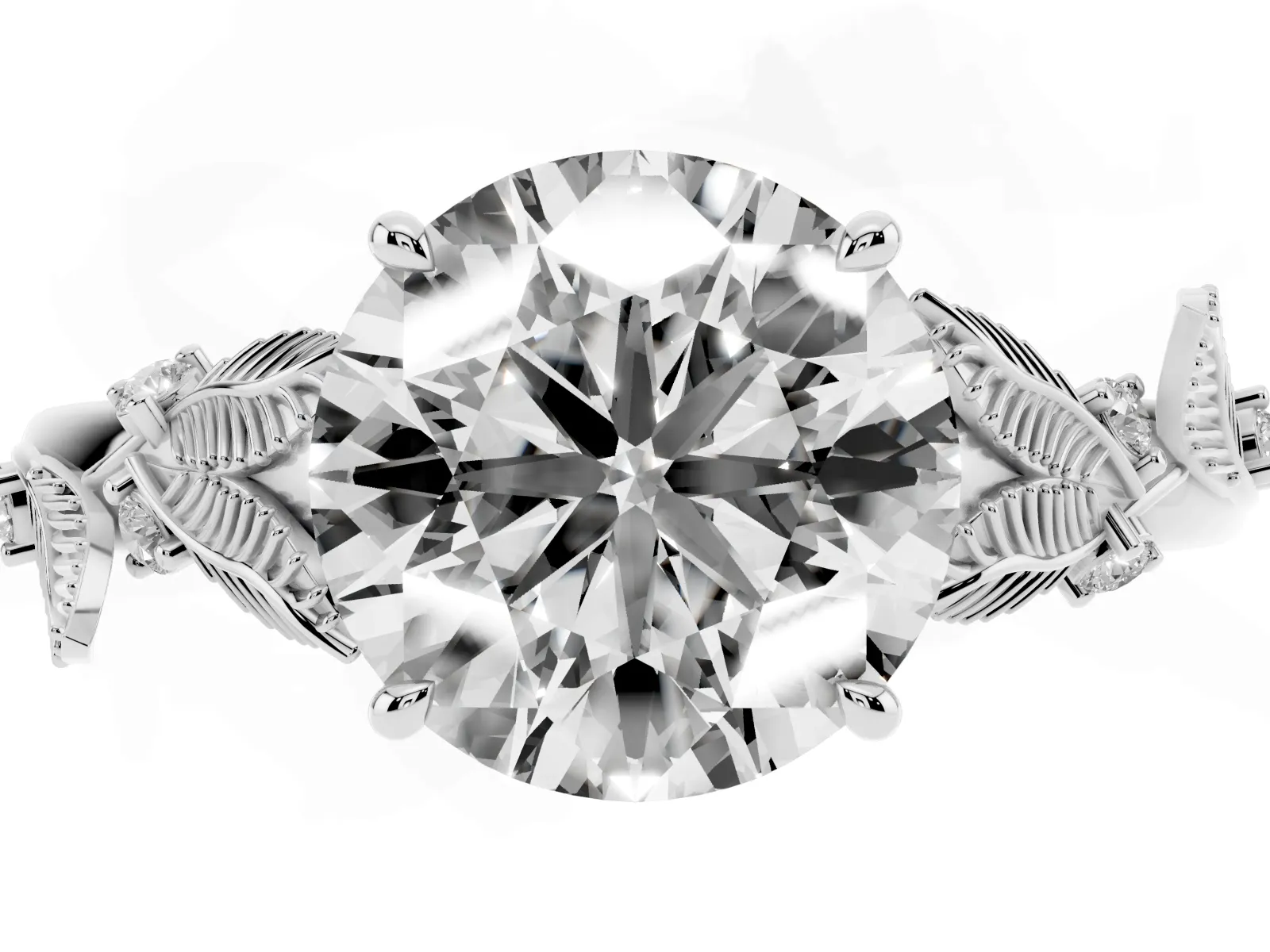 Round Cut Diamond Solitaire Ring with Leaf Motif Band and Four-Prong Setting Platinum