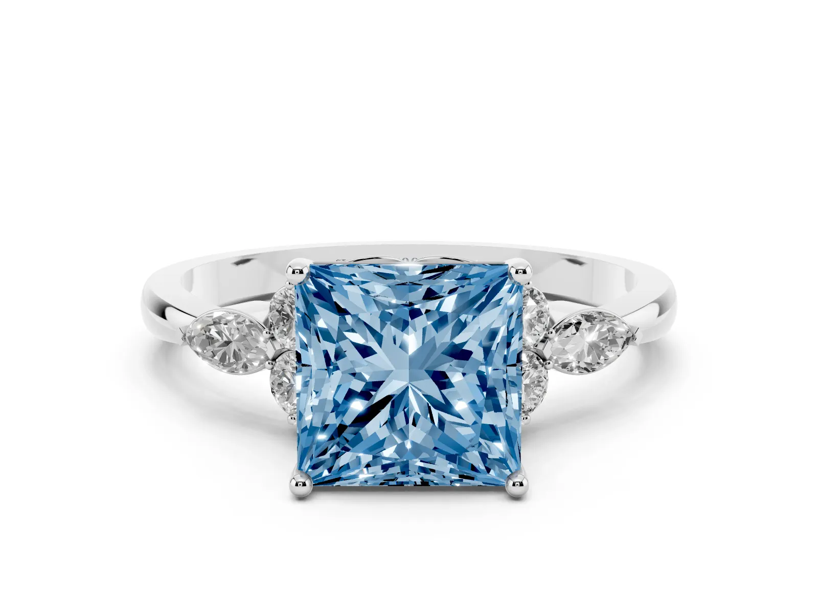 Fancy Blue Princess Cut Brilliant Diamond Solitaire Ring with Pear Side Stones and Four-Prong Setting Platinum