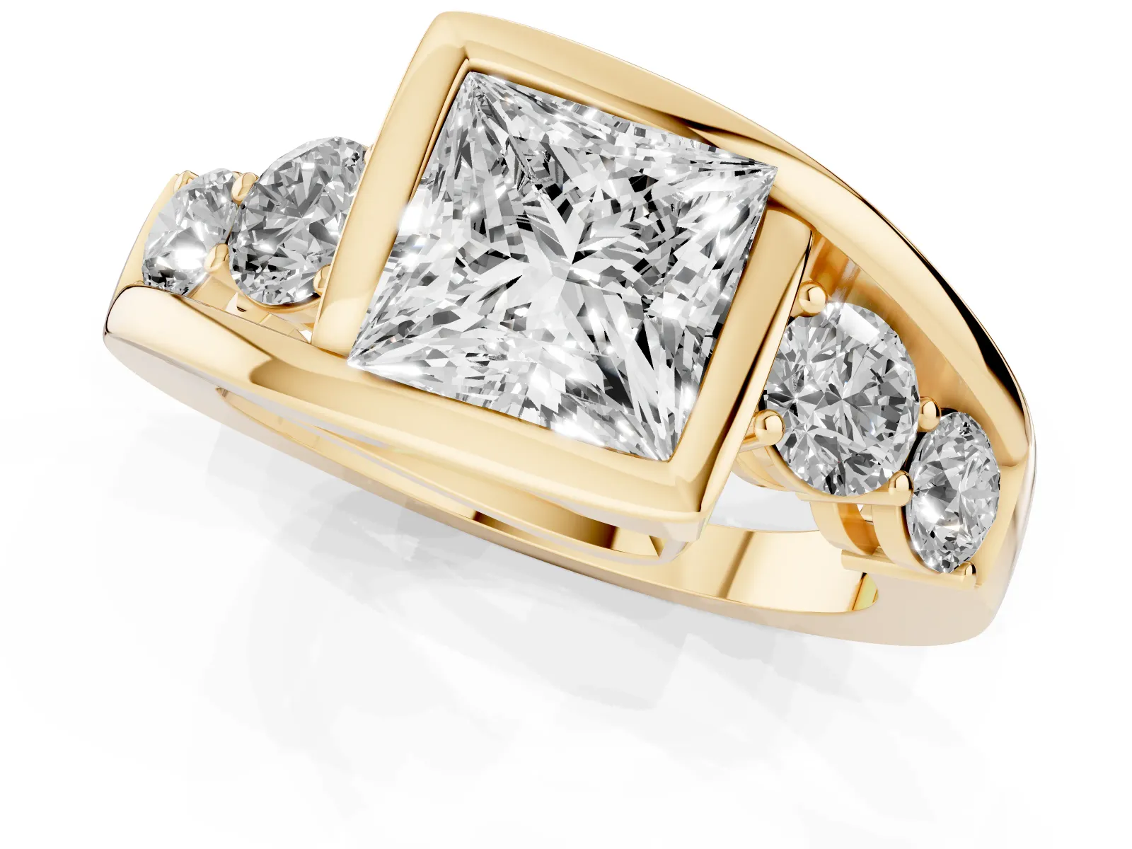 Bezel Set Princess Cut Diamond Bypass Ring with Round Accents Yellow gold