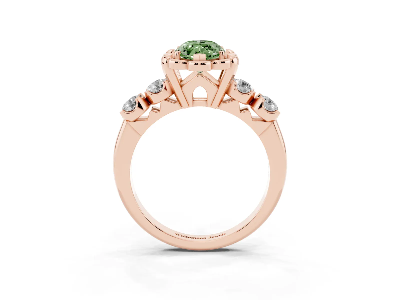 Fancy Green Marquise Cut Cut Diamond Floral Halo Engagement Ring with Shared Prong Setting Rose gold