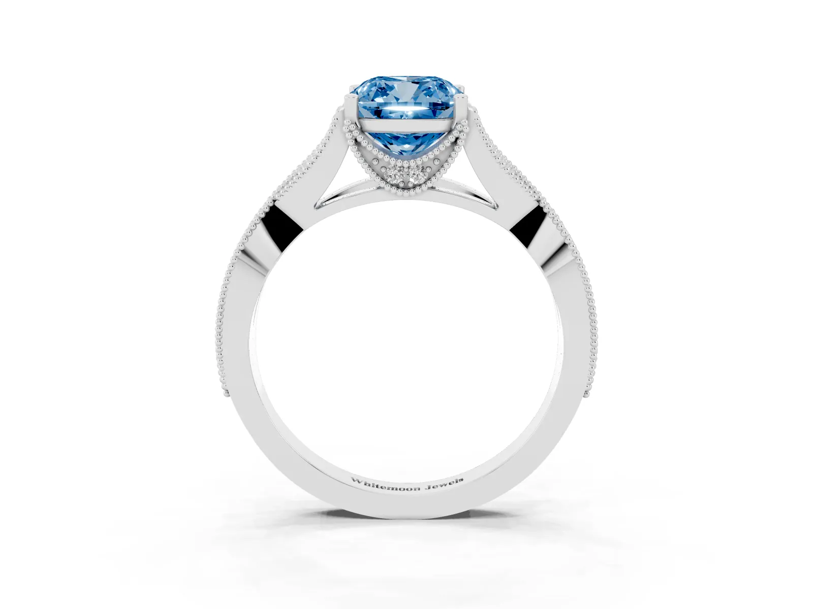 Fancy Blue Cushion Cut Cut Diamond Twisted Band with Milgrain Pave Setting and Four-Prong Setting Platinum
