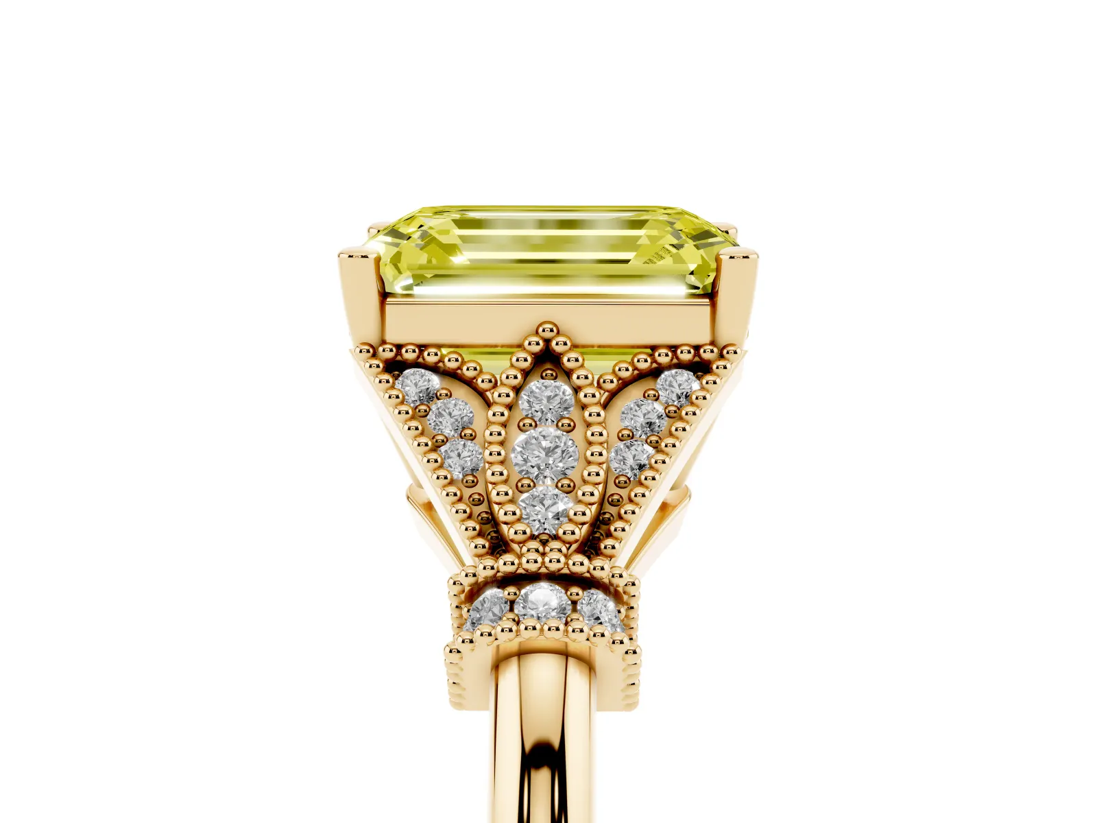 Fancy Yellow Emerald Cut Diamond Solitaire Ring with Floral Filigree and Pave Accents Yellow gold