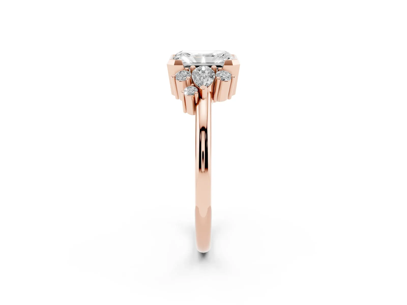 Radiant Diamond Engagement Ring with Pear and Round Side Stones Rose gold