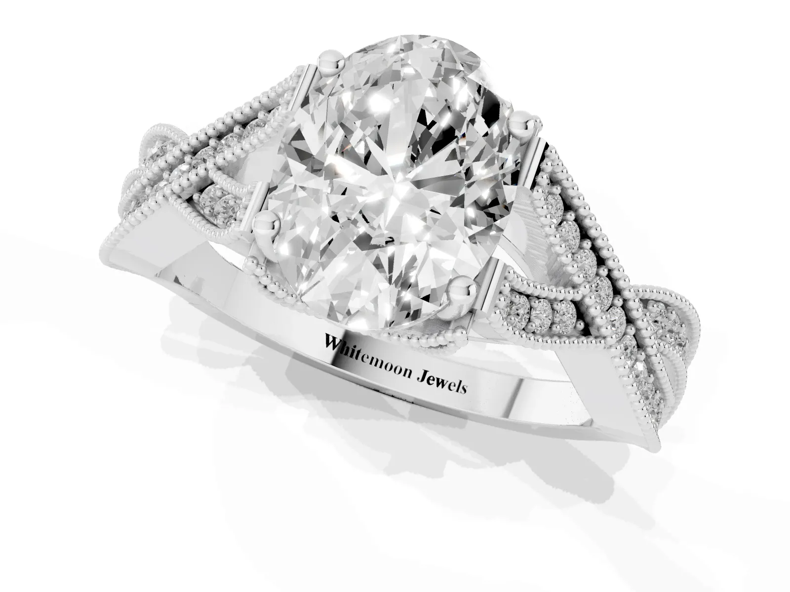 Oval Cut Cut Diamond Twisted Band with Milgrain Pave Setting and Four-Prong Setting Platinum