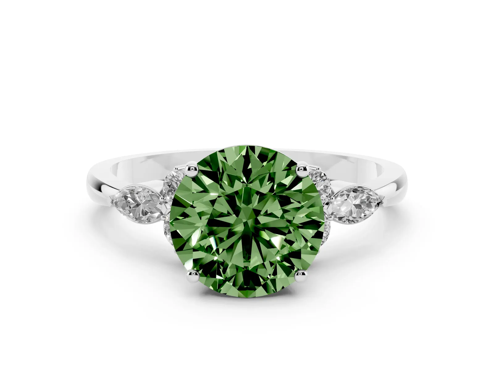 Fancy Green Round Cut Brilliant Diamond Solitaire Ring with Pear Side Stones and Four-Prong Setting Platinum