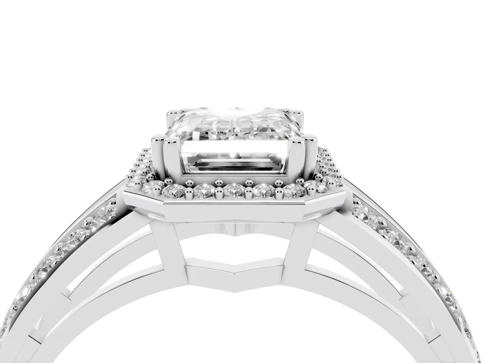 Emerald Cut Diamond Halo Ring with Split Shank Pavé Band and Four-Prong Setting White gold