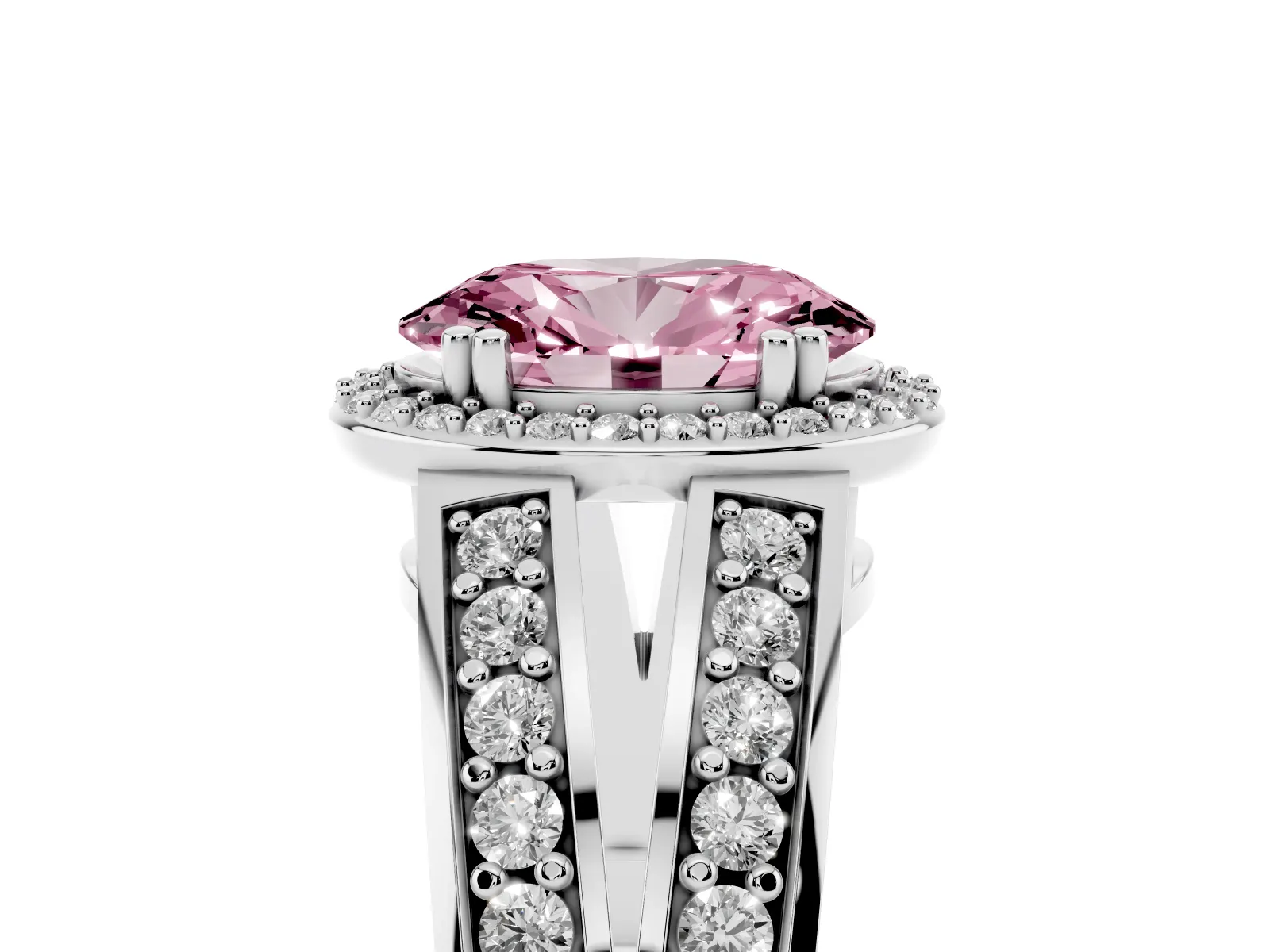 Fancy Pink Oval Cut Diamond Halo Ring with Split Shank Pavé Band and Four-Prong Setting White gold