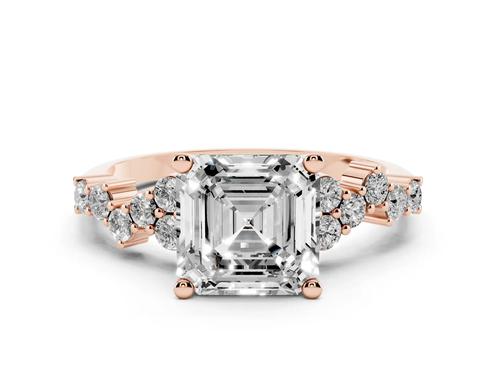 Asscher Cut Diamond Scattered Round Accent Ring with Prong Setting Rose gold