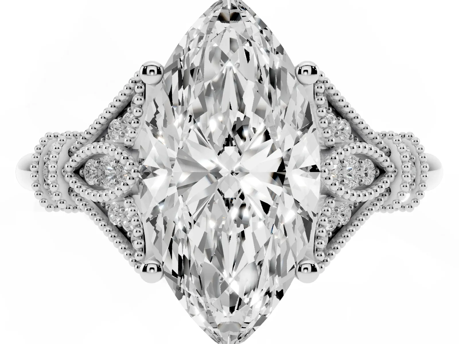 Marquise Cut Diamond Solitaire Ring with Floral Filigree and Pave Accents Platinum