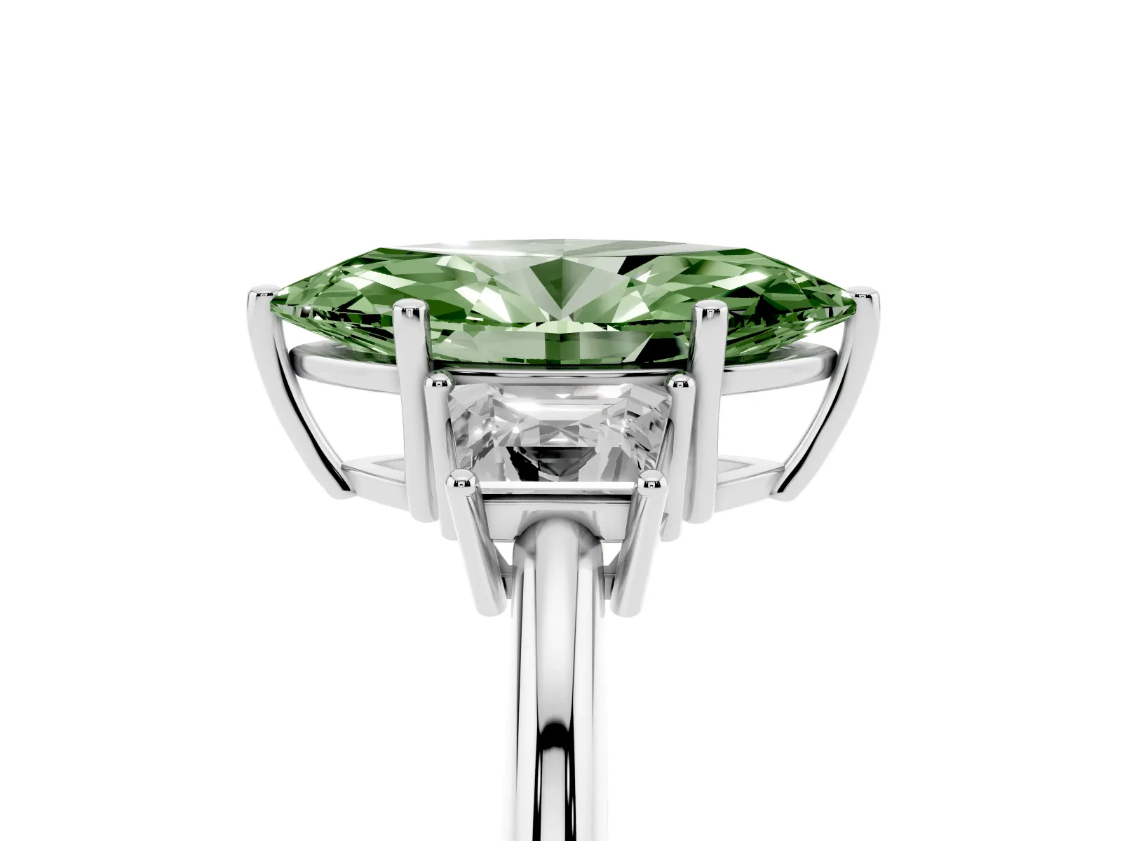 Fancy Green Marquise Cut Diamond Three-Stone Ring with Trapezoid Side Stones and Prong Setting Platinum