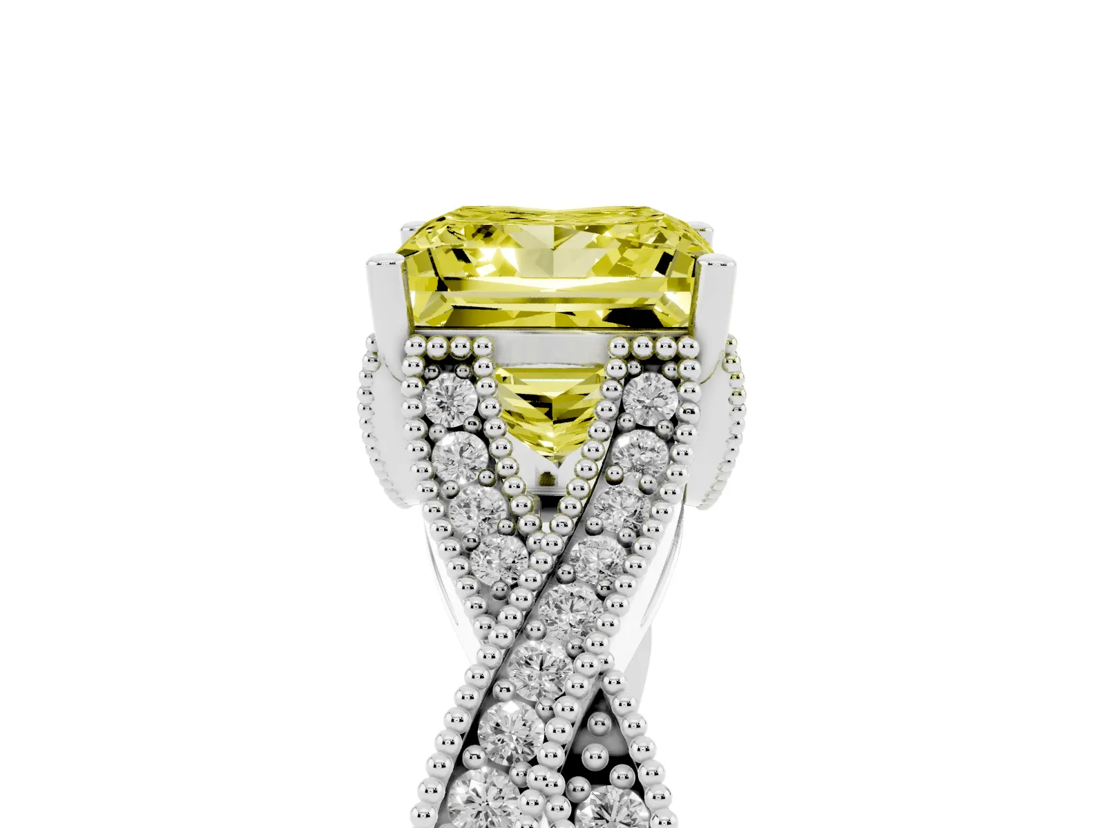 Fancy Yellow Princess Cut Cut Diamond Twisted Band with Milgrain Pave Setting and Four-Prong Setting Platinum