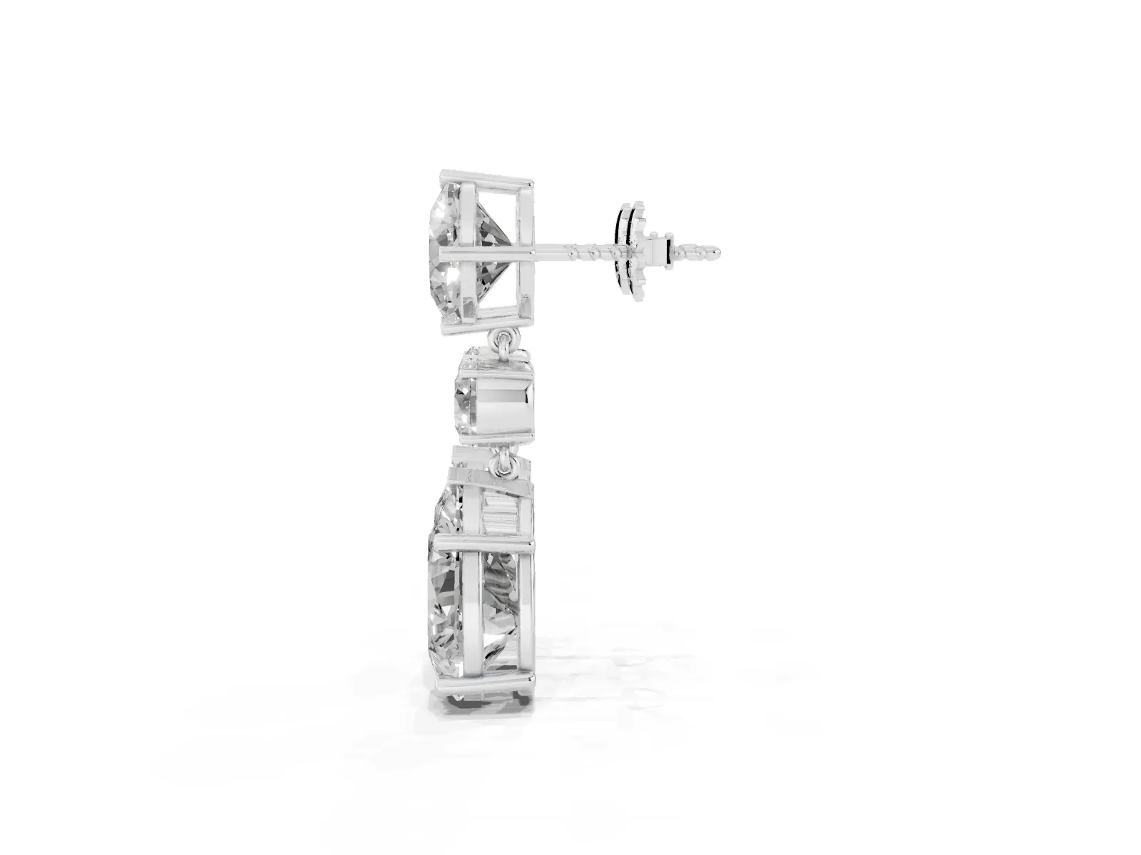 Cushion, Round and Pear Diamond Three-Stone Drop Earrings Silver