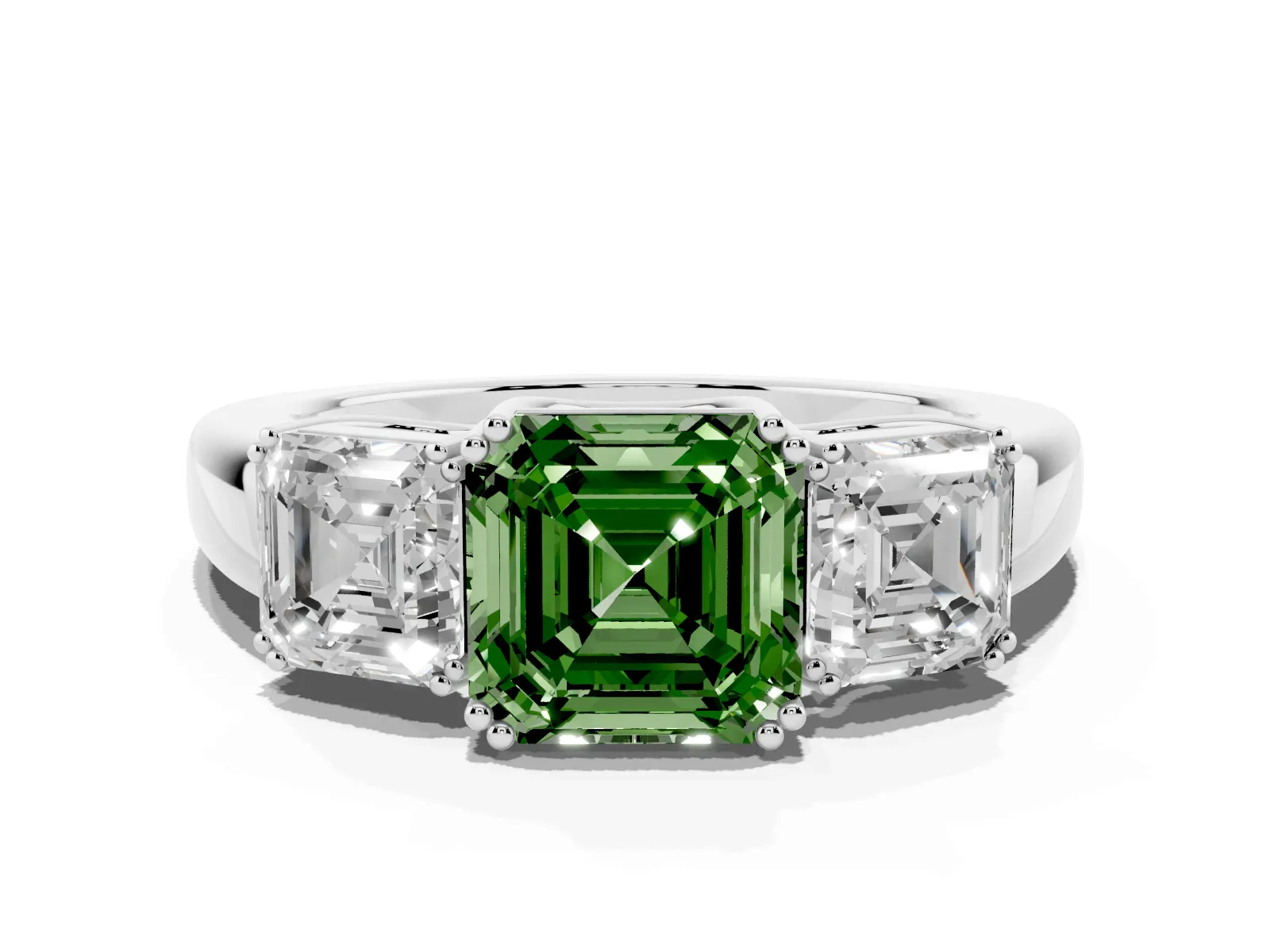Fancy Green Three-Stone Asscher Cut Cut Diamond Ring with Channel Set Band and Four-Prong Setting White gold