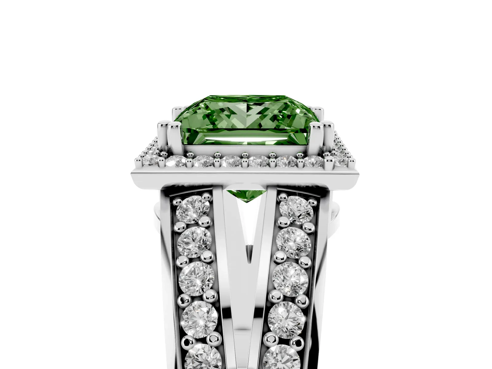 Fancy Green Princess Cut Diamond Halo Ring with Split Shank Pavé Band and Four-Prong Setting Platinum