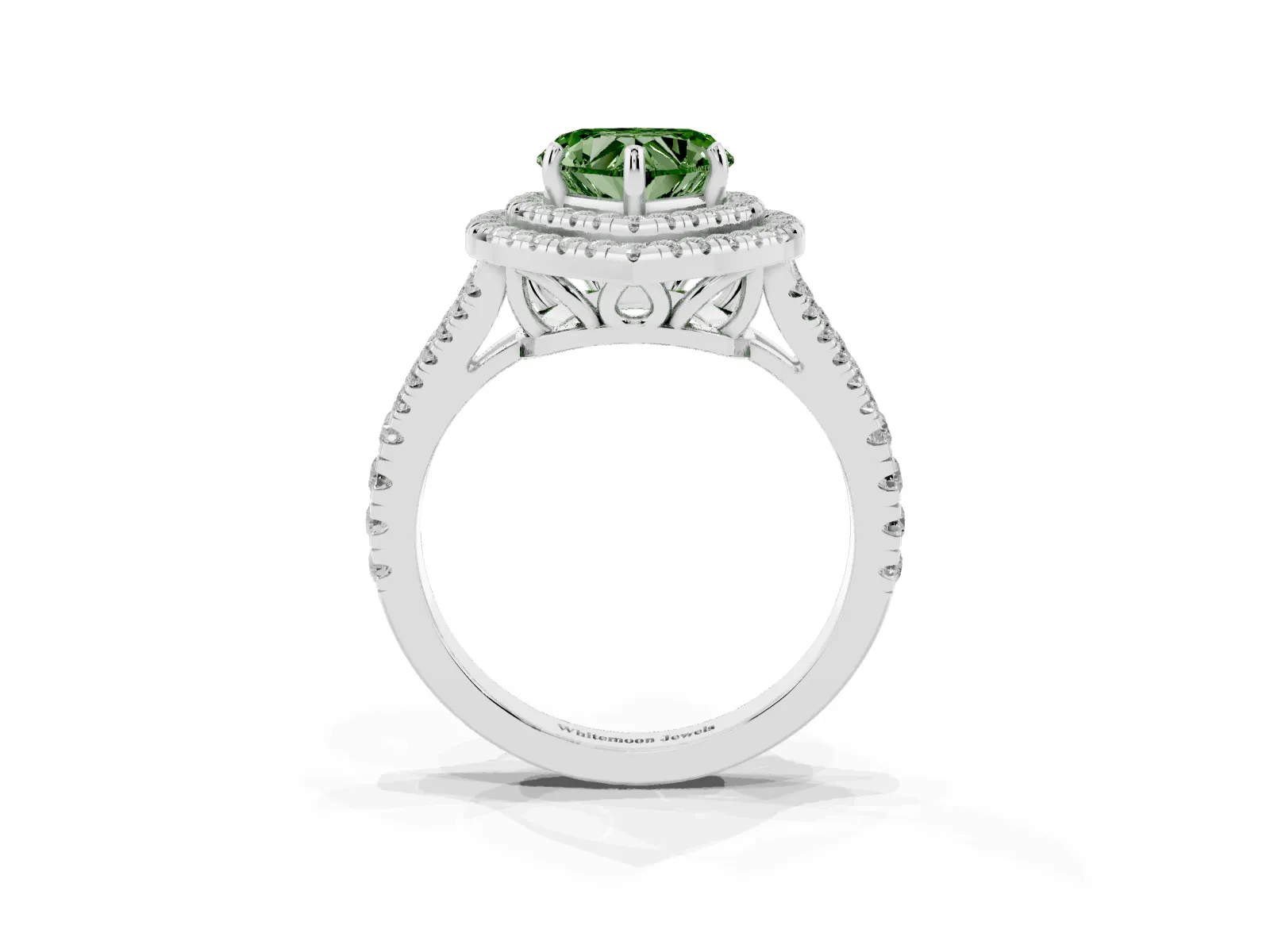 Fancy Green Heart Cut Diamond Double Halo Ring with Pavé Band and Prong Setting Platinum