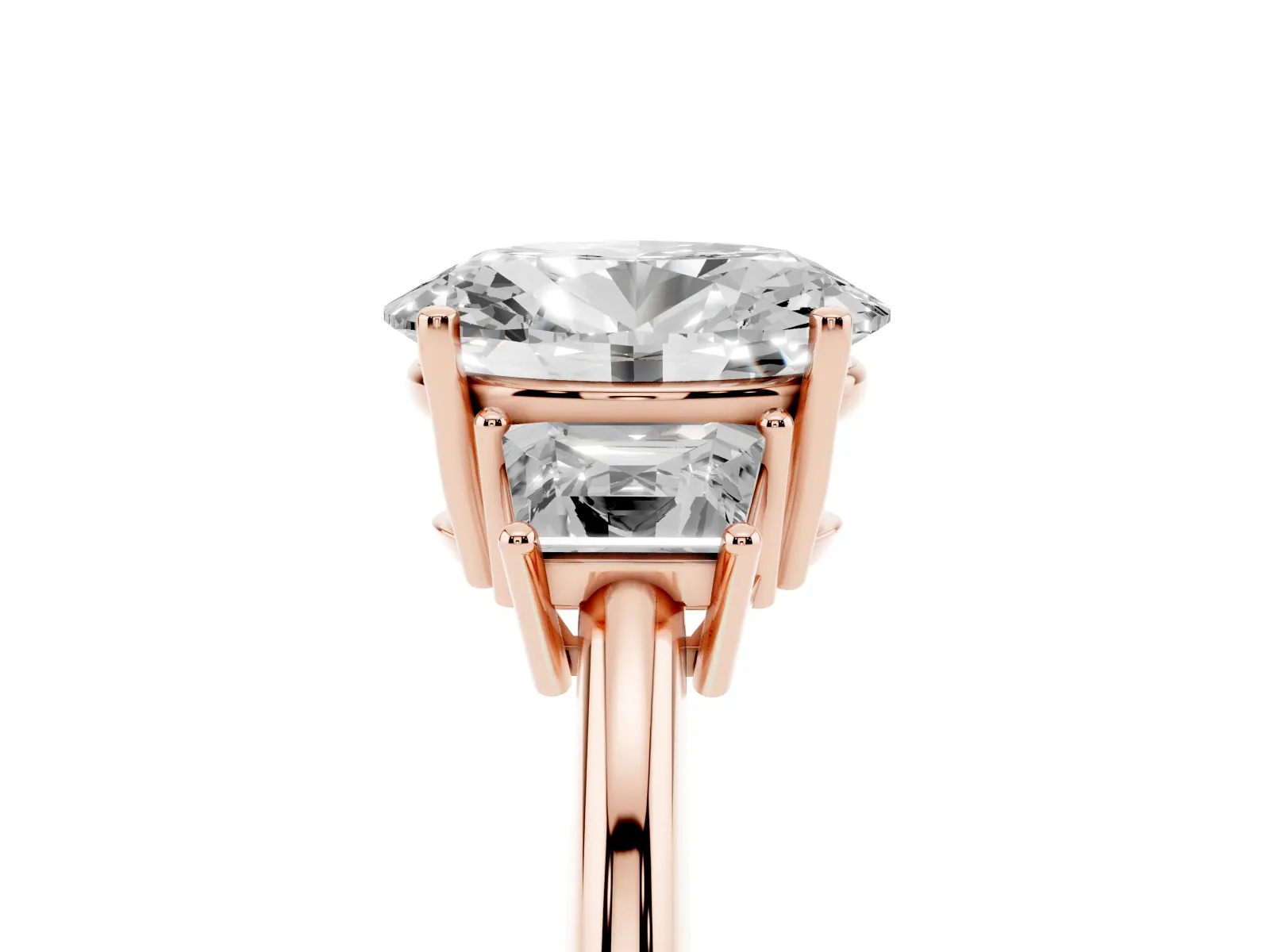 Oval Cut Diamond Three-Stone Ring with Trapezoid Side Stones and Prong Setting Rose gold