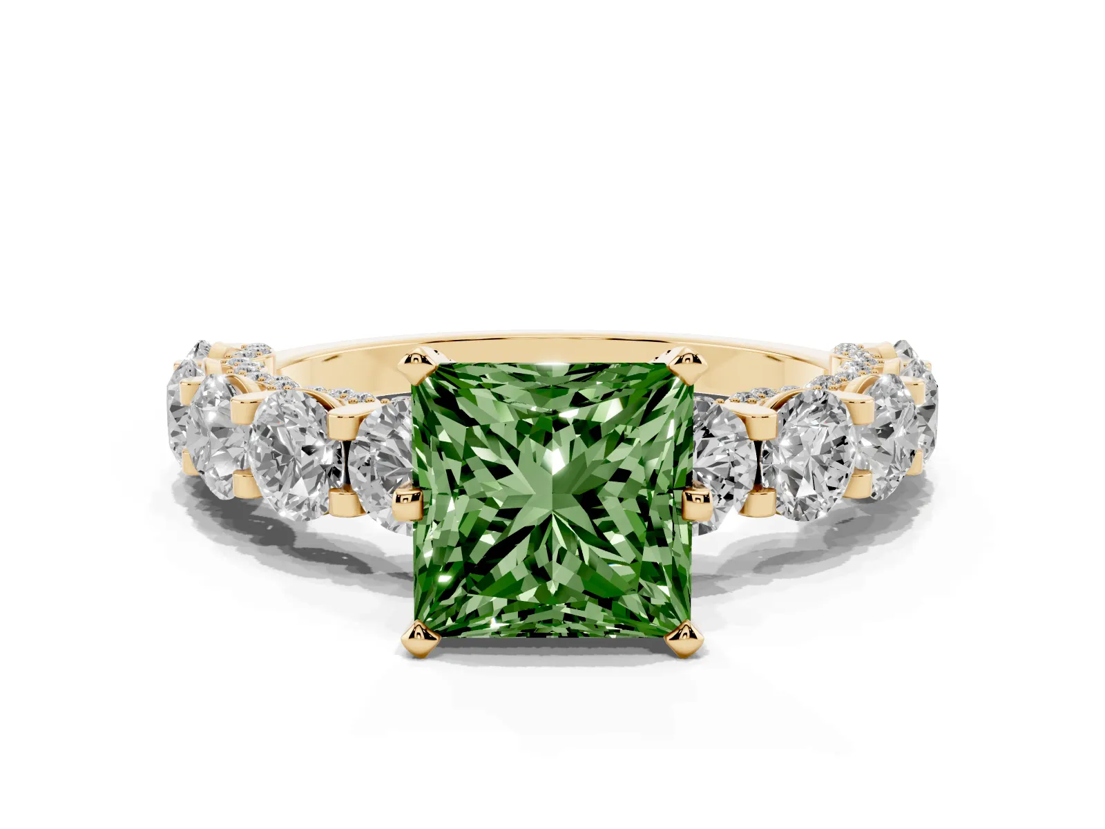 Fancy Green Princess Cut Diamond Side Stone Engagement Ring with Four-Prong Setting Yellow gold
