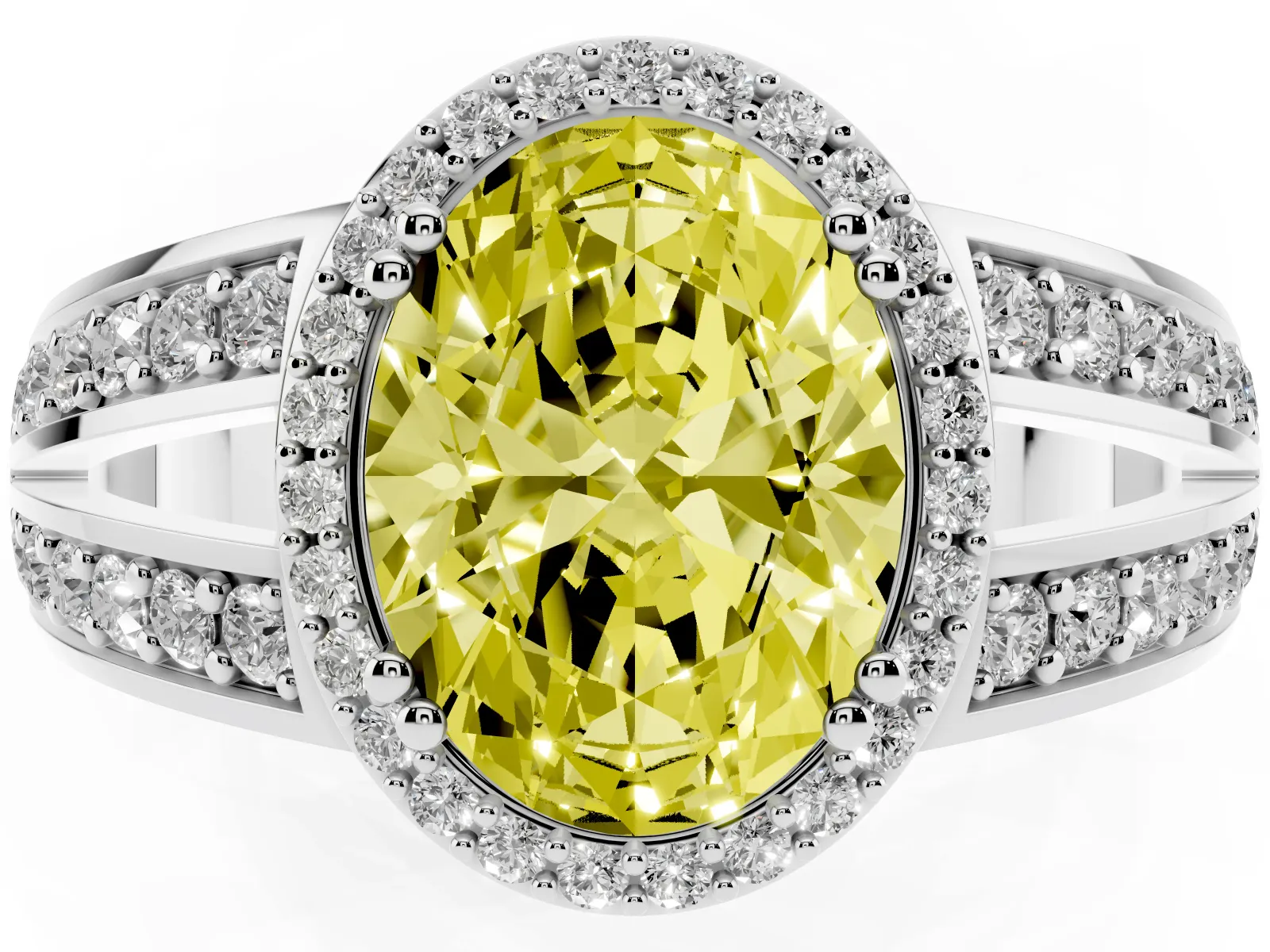 Fancy Yellow Oval Cut Diamond Halo Ring with Split Shank Pavé Band and Four-Prong Setting White gold