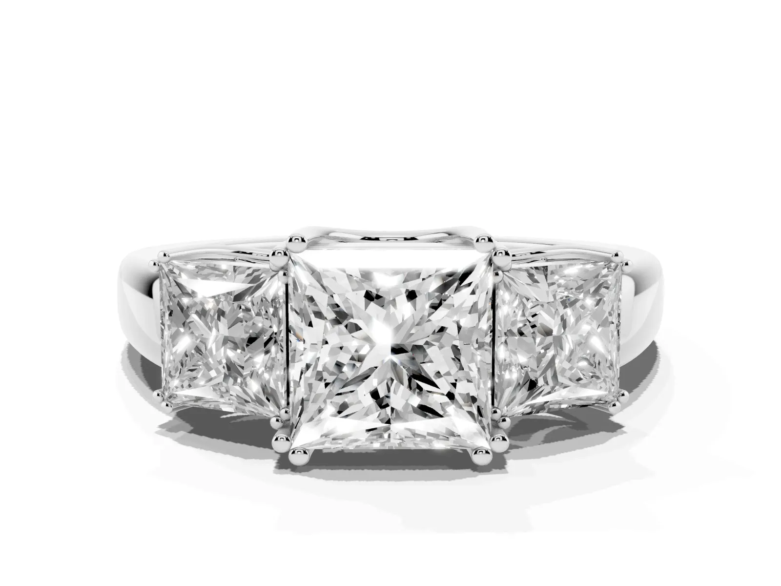 Three-Stone Princess Cut Cut Diamond Ring with Channel Set Band and Four-Prong Setting Platinum