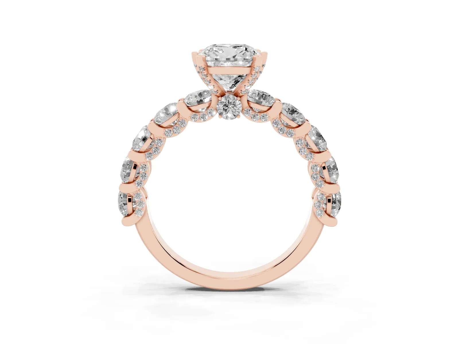 Cushion Cut Diamond Side Stone Engagement Ring with Four-Prong Setting Rose gold