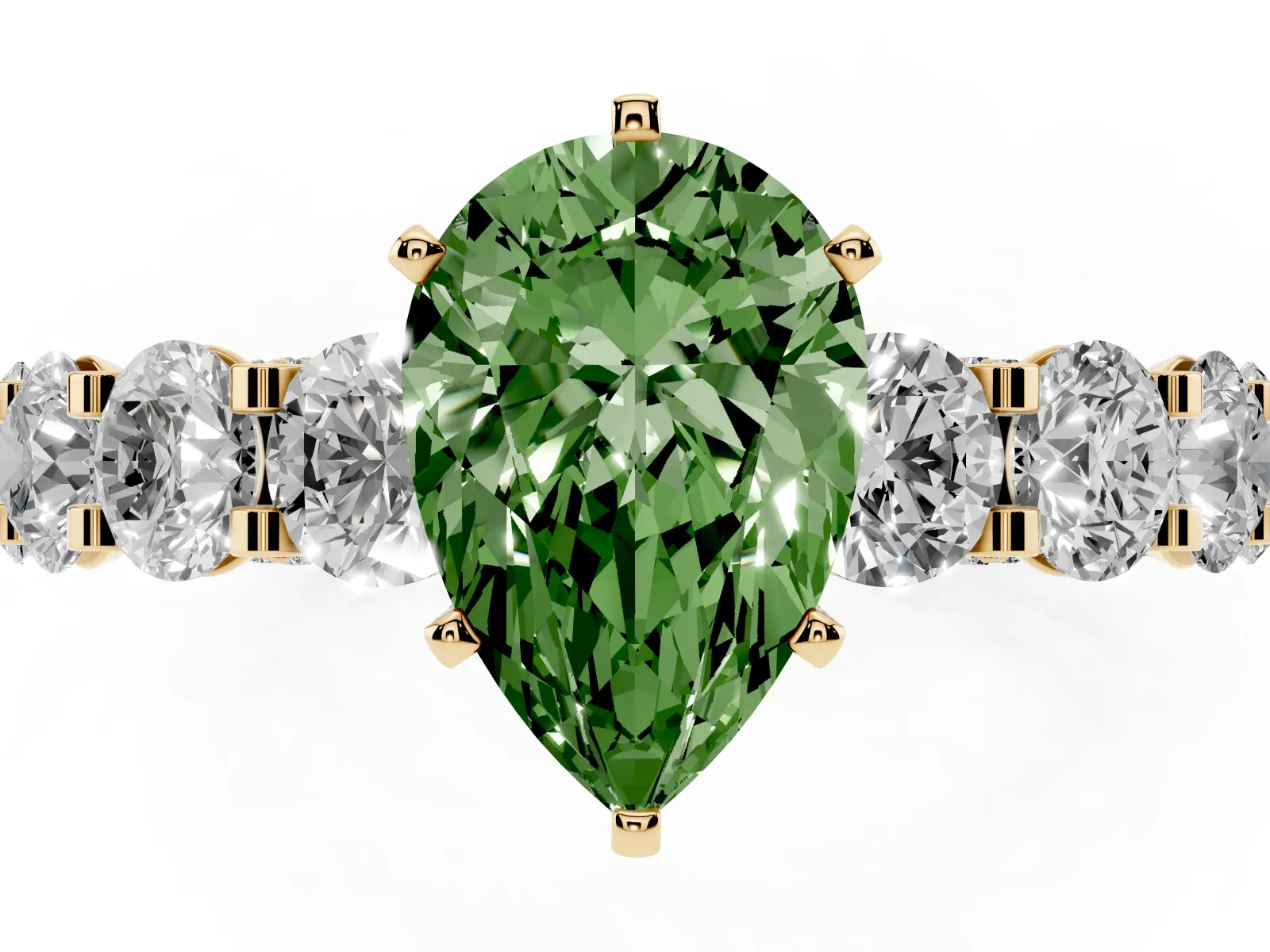 Fancy Green Pear Cut Diamond Side Stone Engagement Ring with Four-Prong Setting Yellow gold
