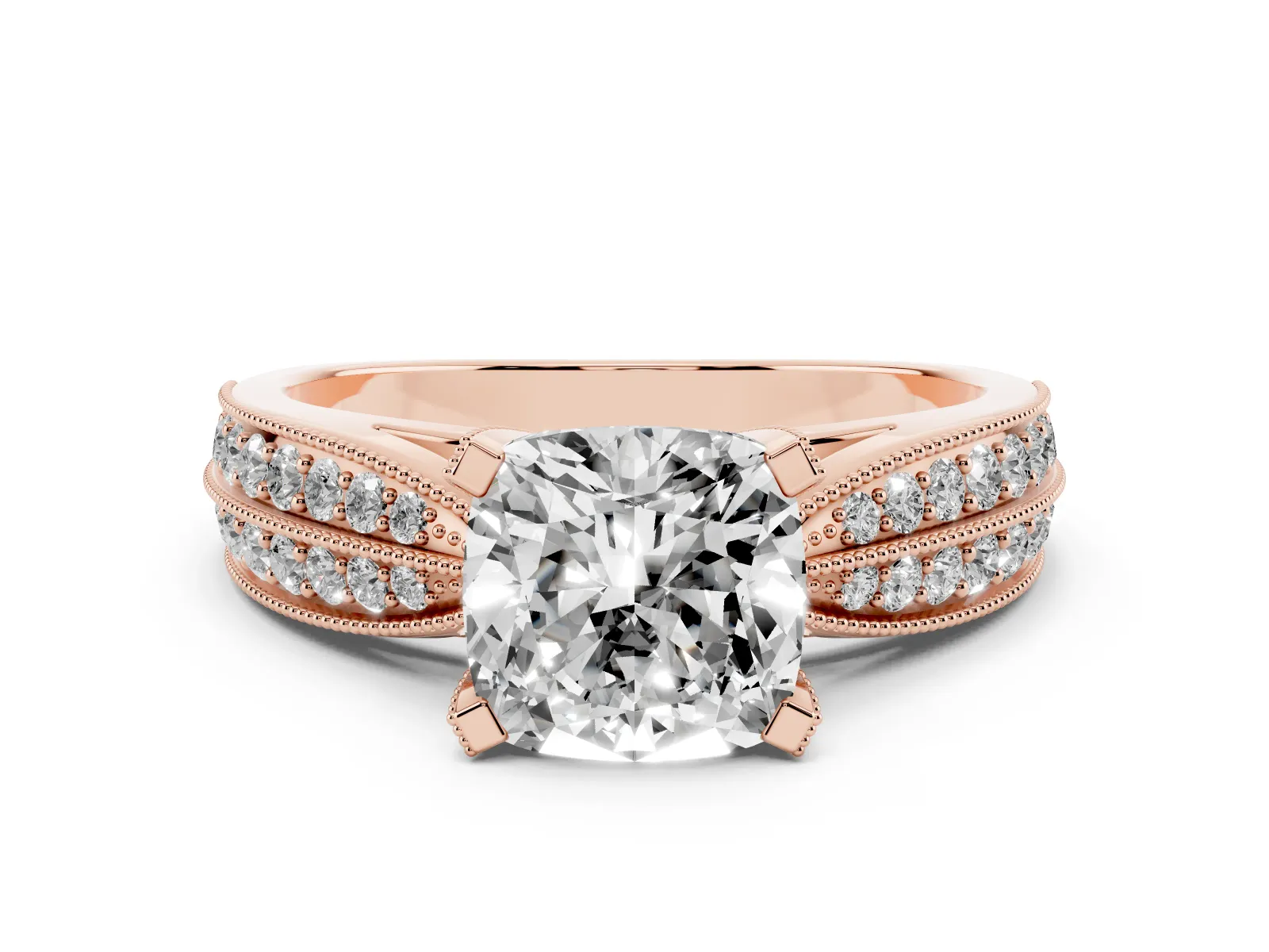 Cushion Cut Diamond Solitaire Ring with Milgrain Round Pavé Band and Prong Setting Rose gold