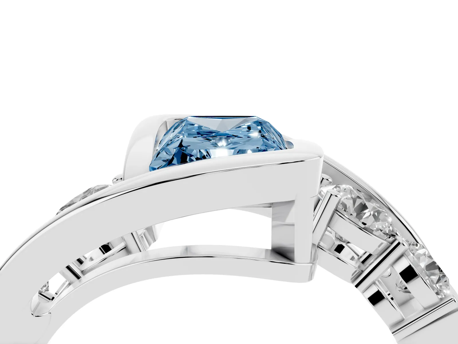 Fancy Blue Bezel Set Radiant Cut Diamond Bypass Ring with Round Accents White gold